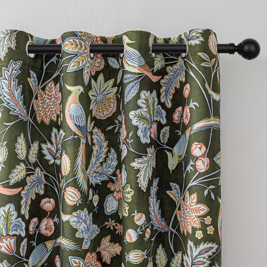MYSKY HOME Green Boho Floral Blackout Living Room Curtains 84 inch Long Thermal Insulated Room Darkening Noise Reduce Cottage Curtains with Flower Bird Patterned Grommet Drapes, 2 Pcs, 52" Wide,
