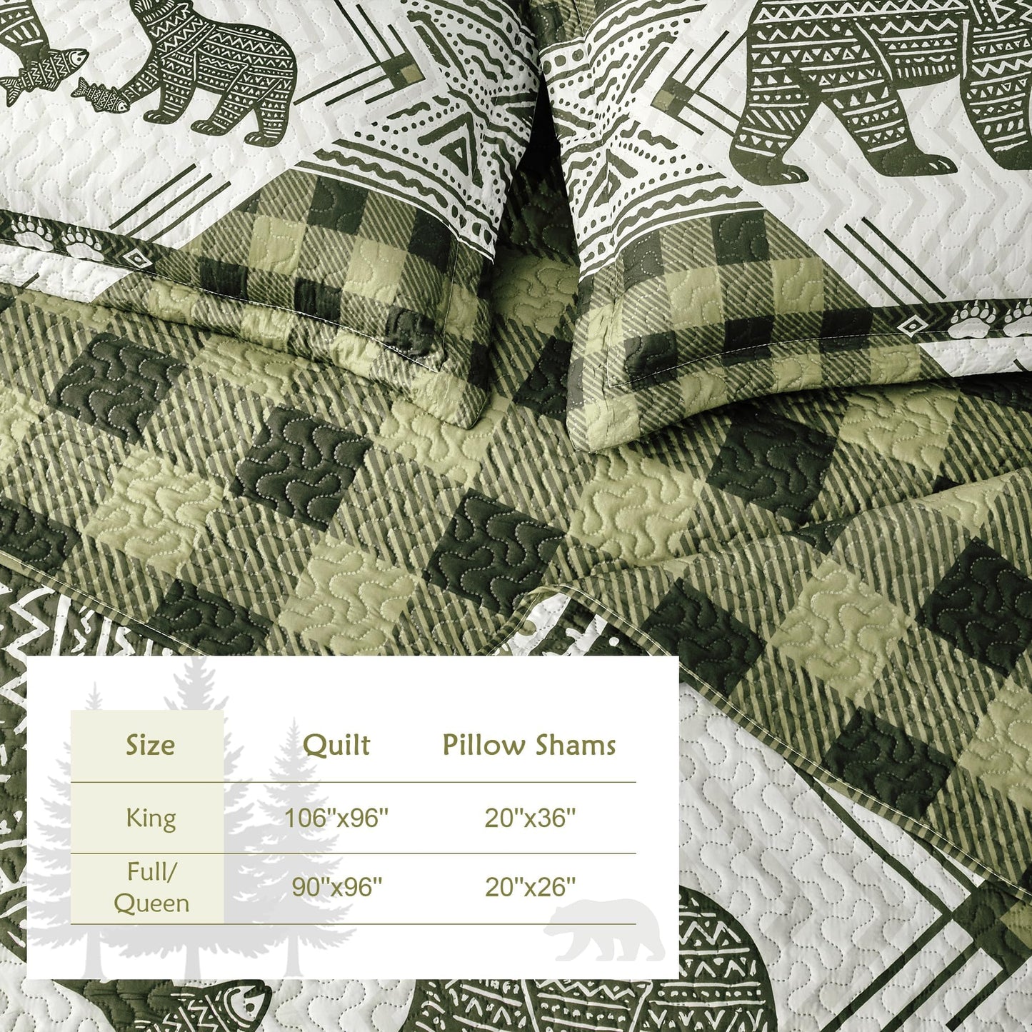 3 Piece Cabin Full/Queen Quilt Sets Farmhouse Rustic Reversible Microfiber Soft Lightweight Bedspread Comforter with 2 Shams Patchwork Country Lodge Bedding Quilts Set for All Season, 90''x96'', Green