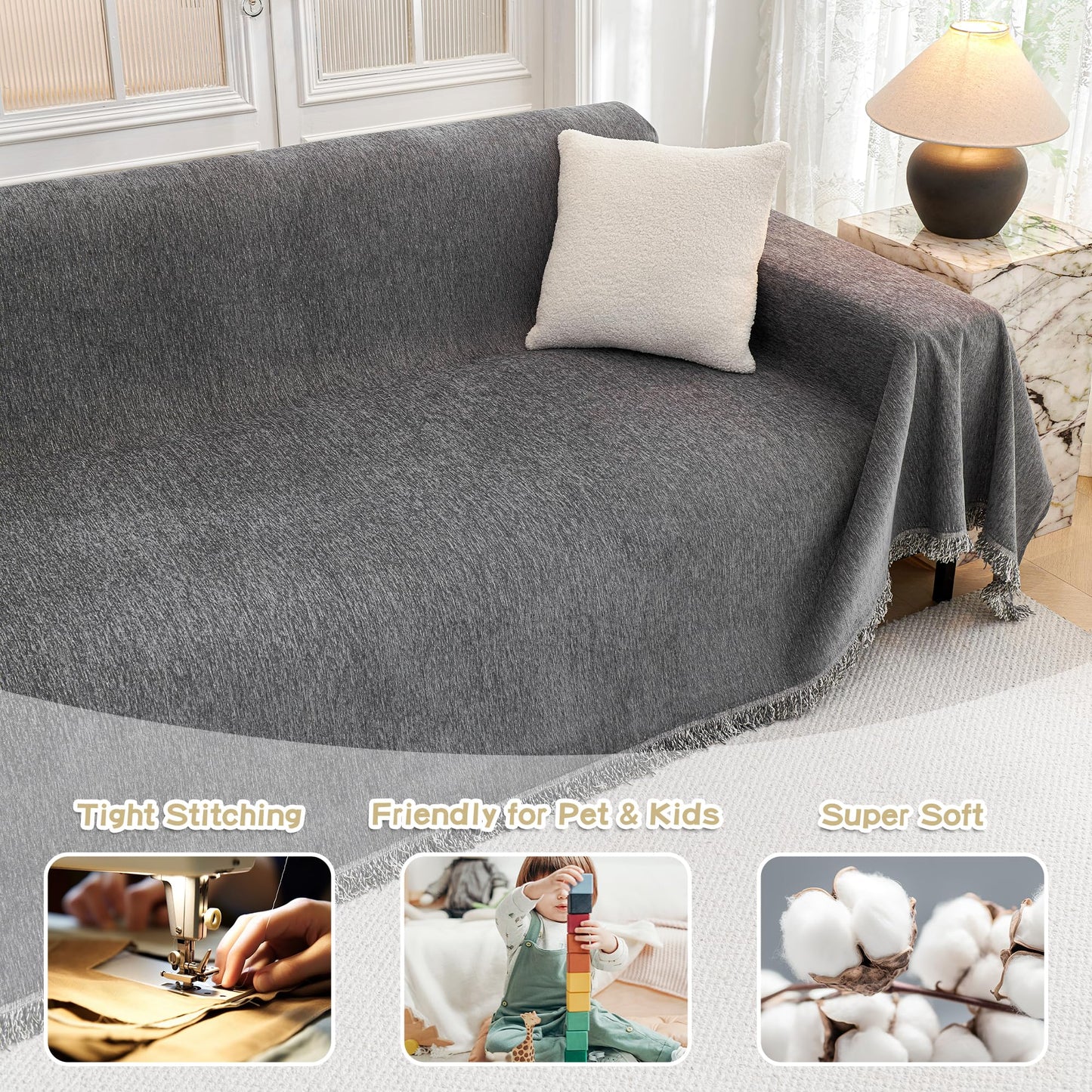 MYSKY HOME Couch Cover for Dogs, Washable Couch Covers, Non Slip Sofa Cover, Couch Cover 2 Cushion Sofa Dogs Furniture Protector with Tassels, Chenille Sofa Slipcover for Pets, 71"x118", Dark Grey