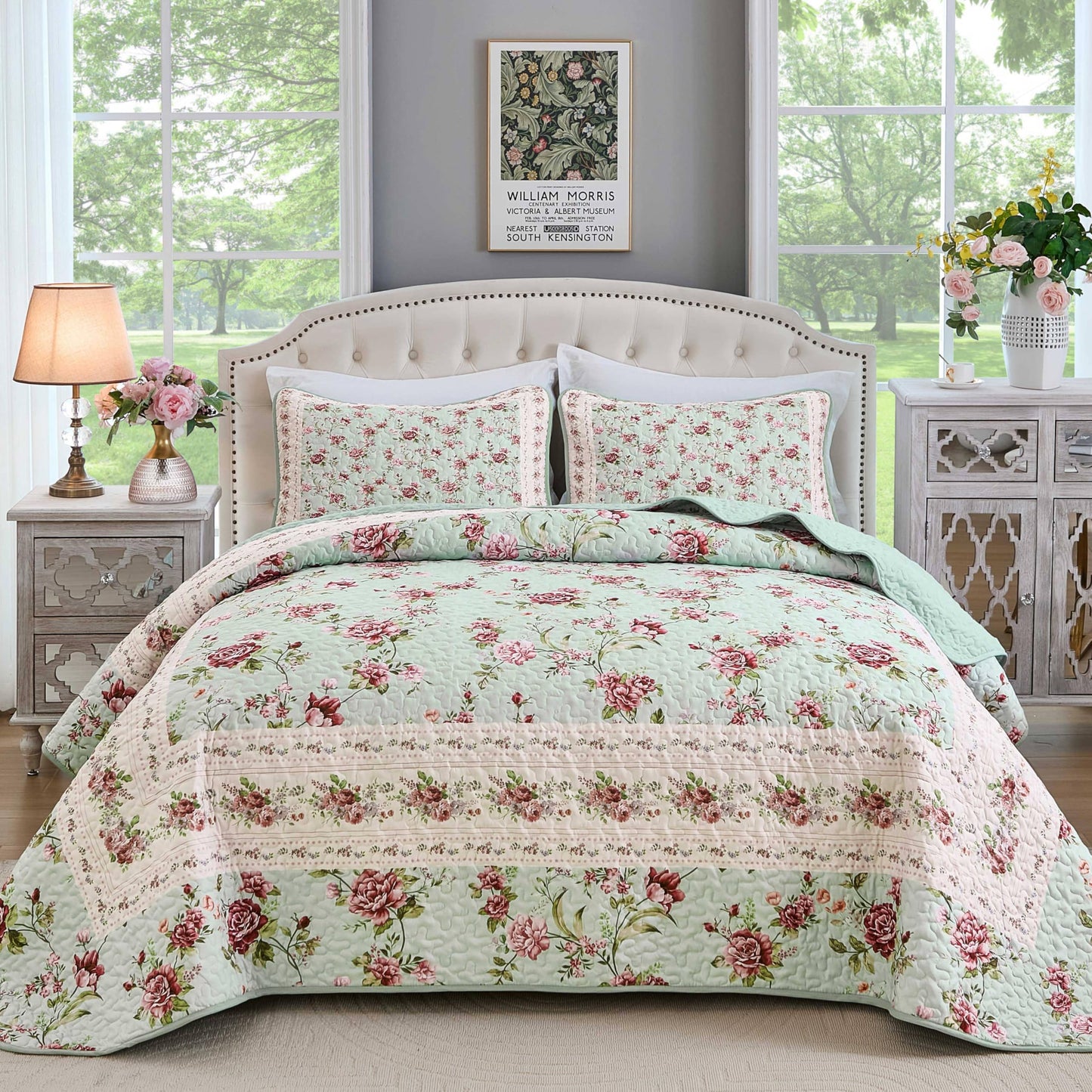 Xruibed Floral Quilt Set Queen Size, 3PCs Antique Rose Green Bedspread Coverlet Set, Lightweight Soft Microfiber Green Quilt Set with 2 Pillowcases for All Season (Queen Size 96"x90")