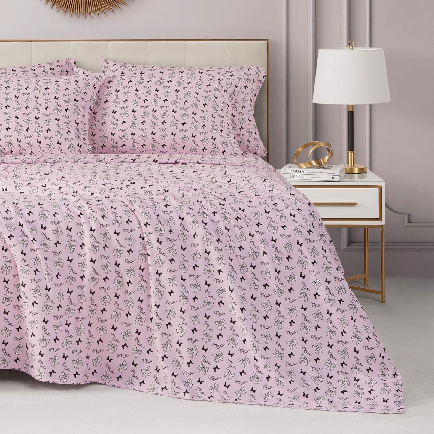 Juicy Couture Printed Microfiber 4-Piece Twin Sheet Set, Polka Dot Bow Toss Light Pink