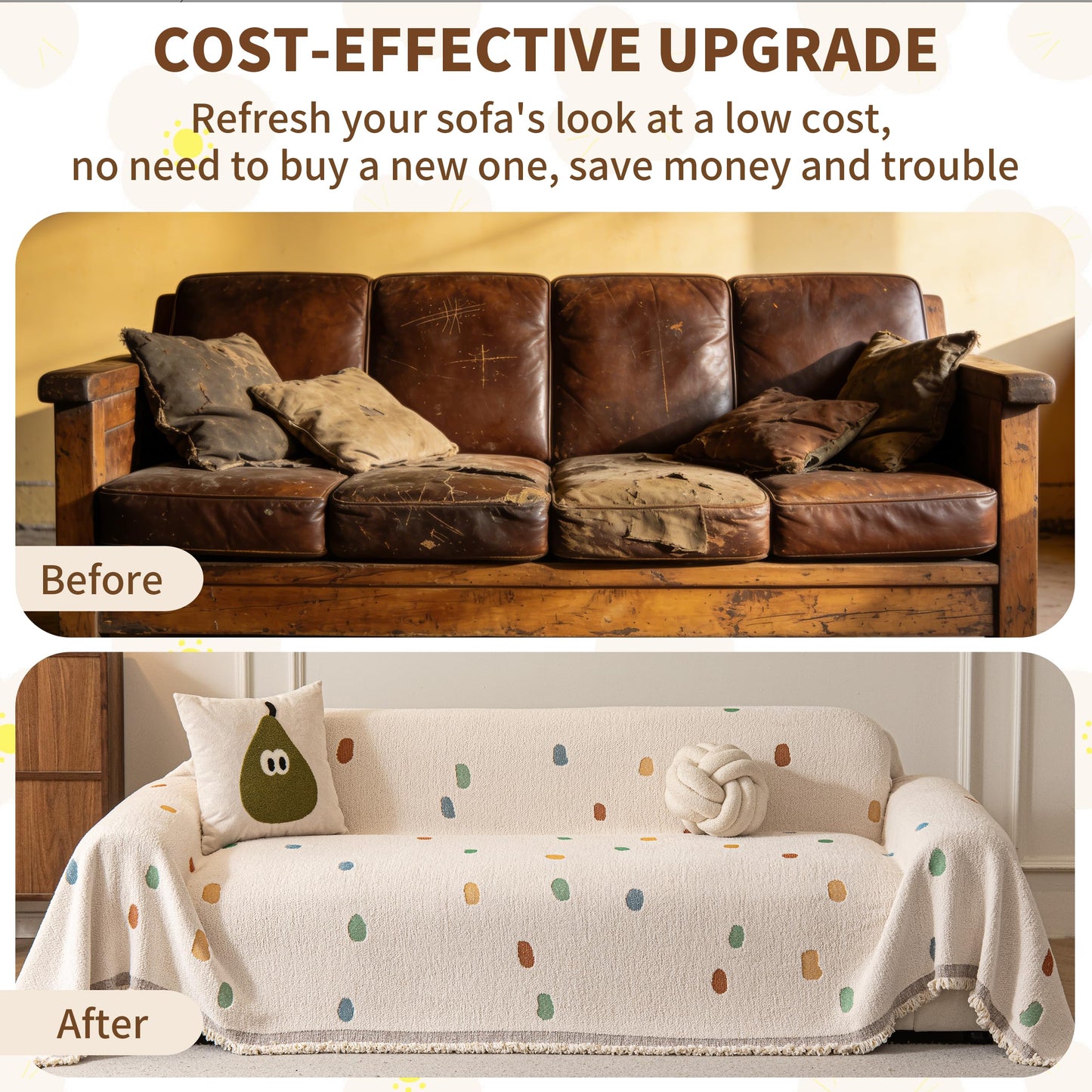 KaviKon Couch Covers for Dogs, Sofa Covers for 3 Cushion Couch, Plush Couch Blanket Cover Sectional Washable, Sofa Slipcover Protector, Slip Covers for Sofas High-Gram Weight, Dots Beige, 71" ×118"