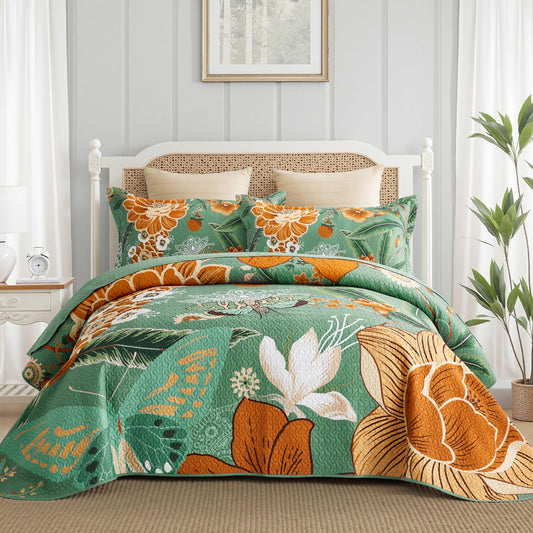 Tyrot 3 Piece Sage Green Boho Floral Full/Queen Quilt Sets Farmhouse Botanical Reversible Lightweight Bedspread Coverlet with 2 Shams Butterfly Microfiber Bedding Quilts Set for All Season, 90''x96''