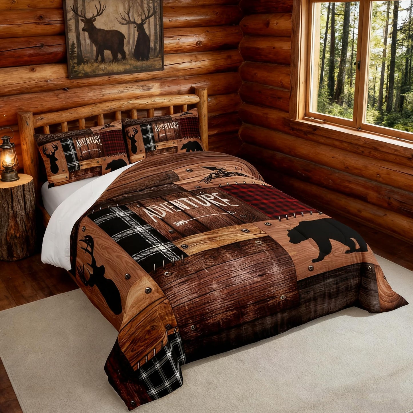 Rustic Cabin Comforter Set Twin Size,Farmhouse Bedding Set Kids Boys Girls Brown Cabin Decor,Hunting Animals Bedspread Bear Deer WildlifeDuvet Insert Patchwork Red Black Plaid Lodge Quilt Set 2pcs