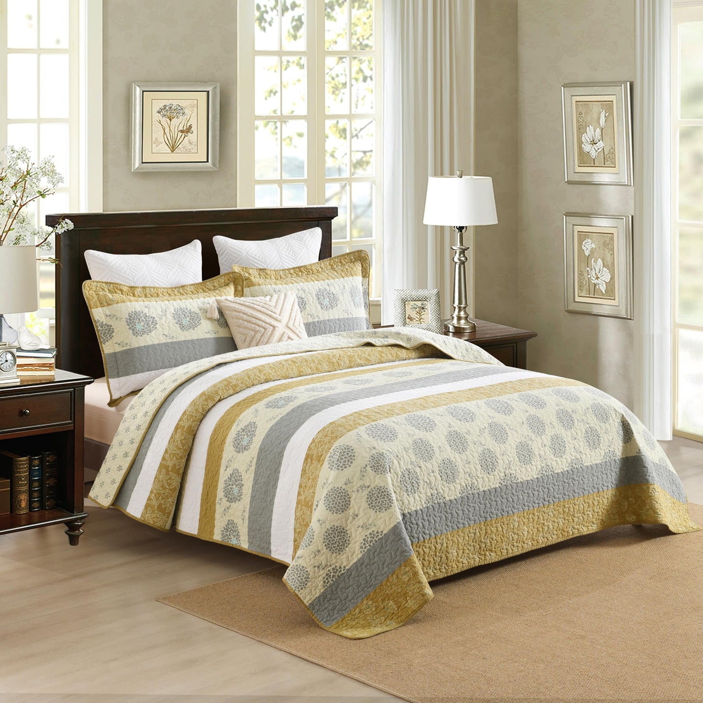 Homzard Quilt Queen Size - Queen Comforter Set,Mustard Yellow Beige Grey All Cotton Quilted Bedspread Set,Striped Floral Pattern Bedding,Lightweight Paisley 3 Piece,All Seasons