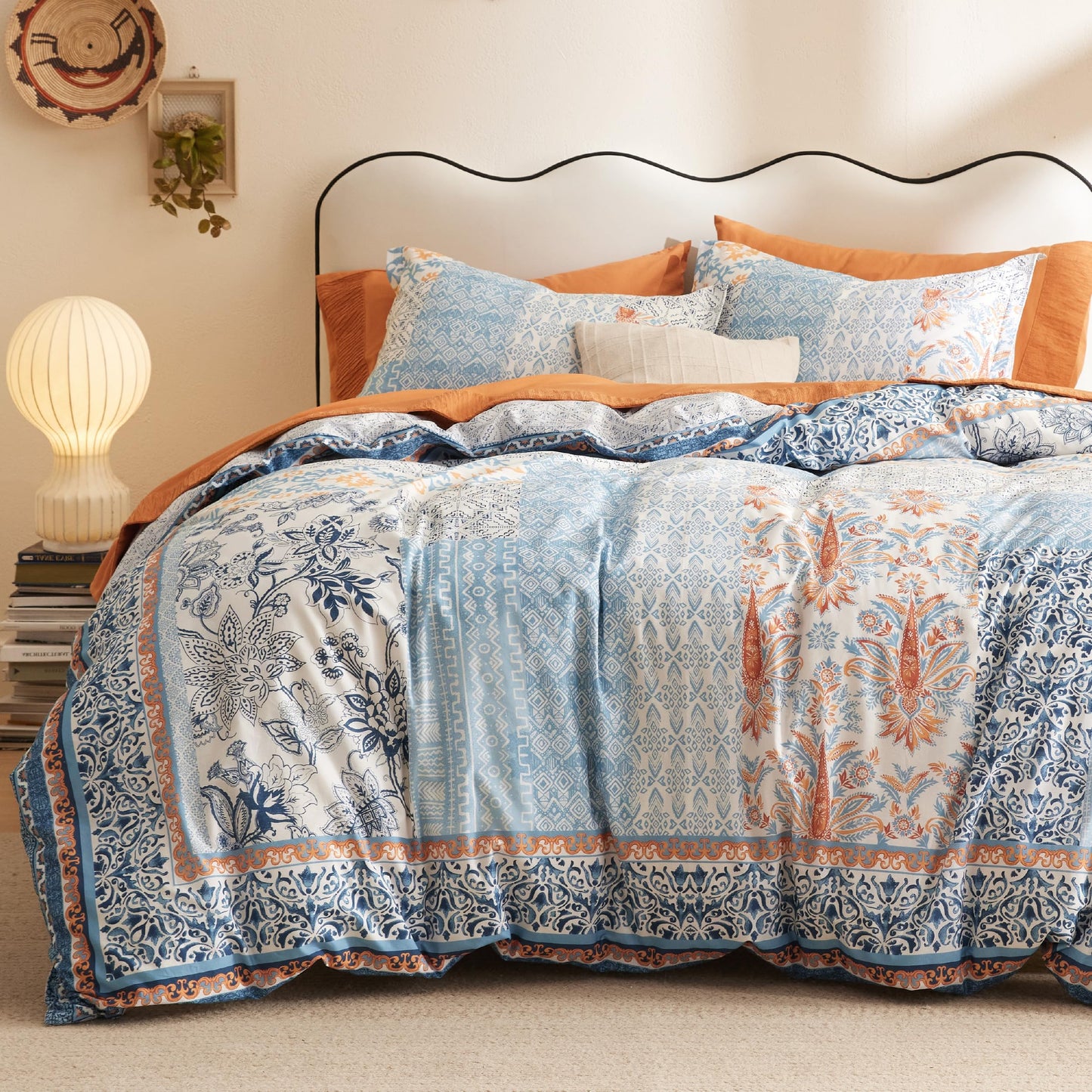 Bedsure Duvet Cover Queen Size - 100% Cotton Reversible Floral Queen Duvet Cover Set with Zipper Closure, 3 Pieces Soft & Breathable PureWoven Bohemian Blue Bedding Set with 2 Pillow Shams 20"x26"