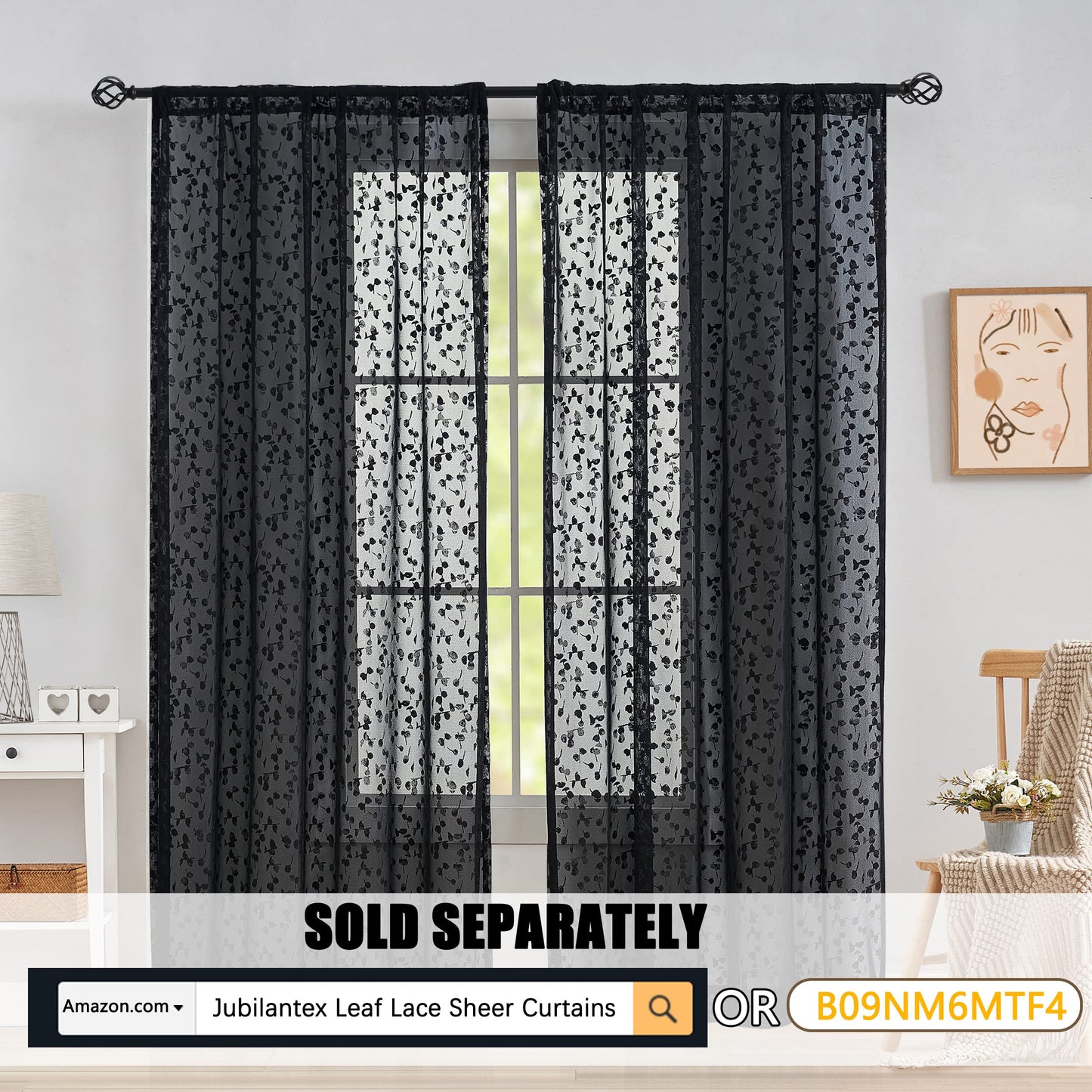Jubilantex Full Blackout Curtains + Leaf Sheer Window Panels, Mix and Match Style Double Layer Window Treatment Sets for Bedroom Living Room, 4 Panels 52" W x 63" L, Black and Black