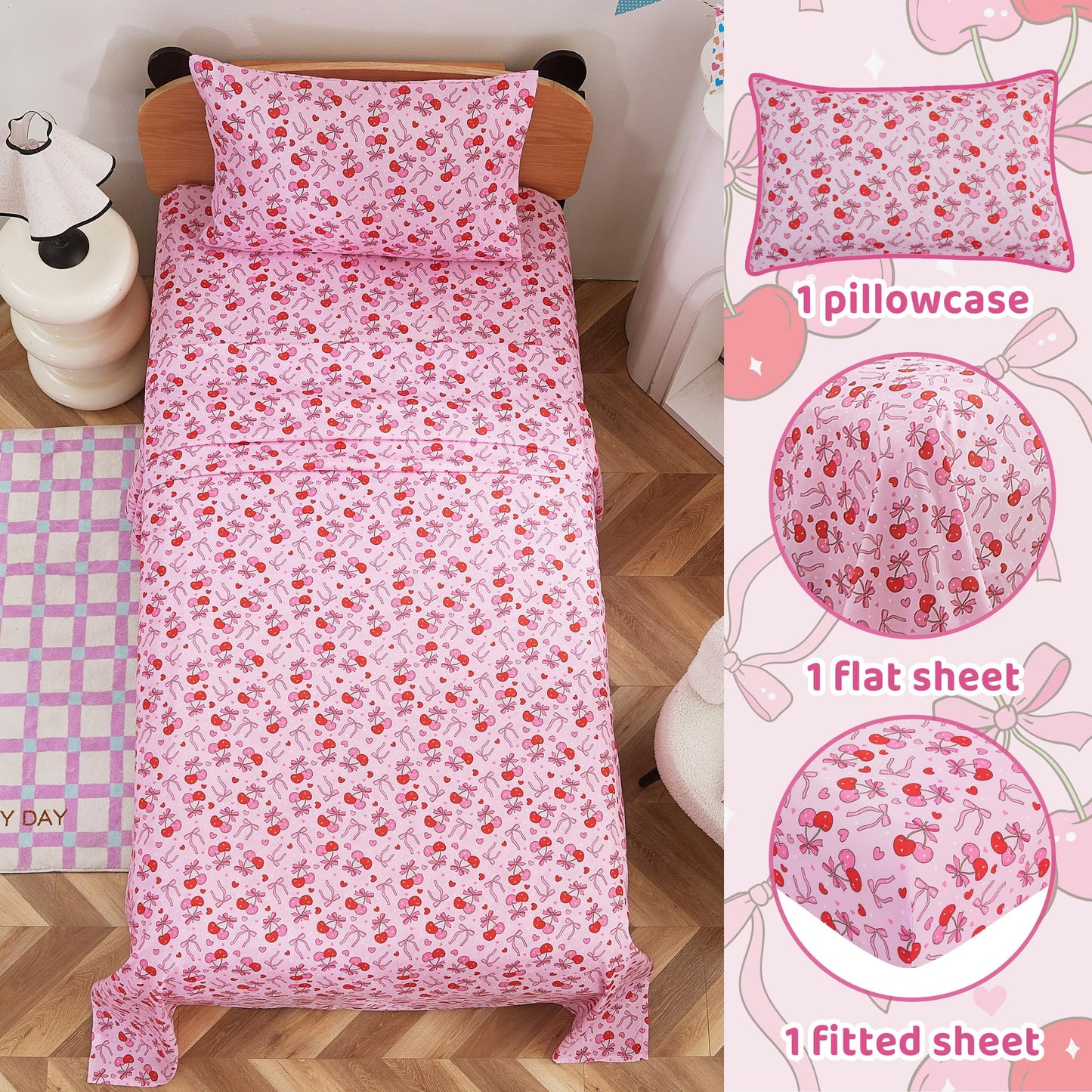 Viviland 3 Pieces Girls Bow Cherry Twin Sheet Set - Soft Microfiber Fitted Flat Sheets & Pillowcase Bed Sheet Set - Pink Bedding Sets for Kids