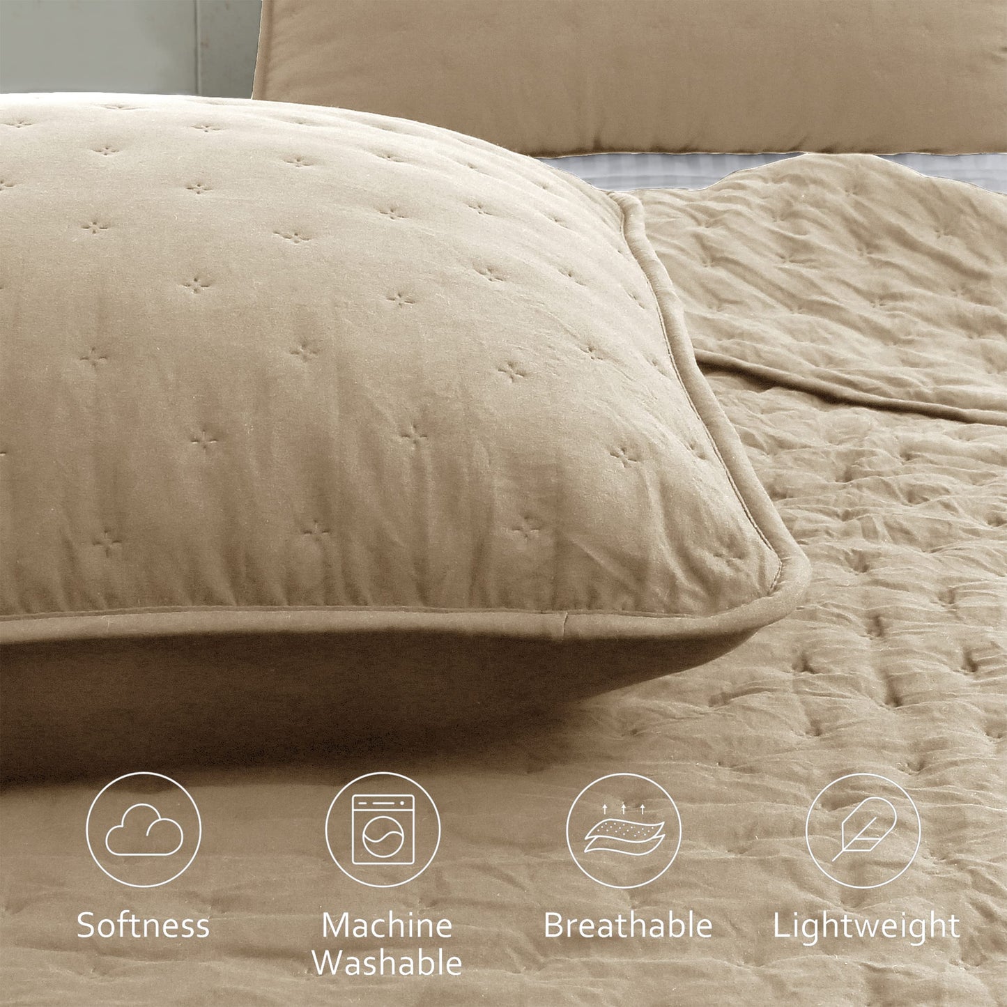 ROARINGWILD Beige Cloud Queen Size Quilt Bedding Sets with Pillow Shams, Farmhouse Lightweight Soft Bedspread Coverlet, All Season Rustic Country Thin Comforter, 3 Pieces, 90x90 inches, Tan Cream