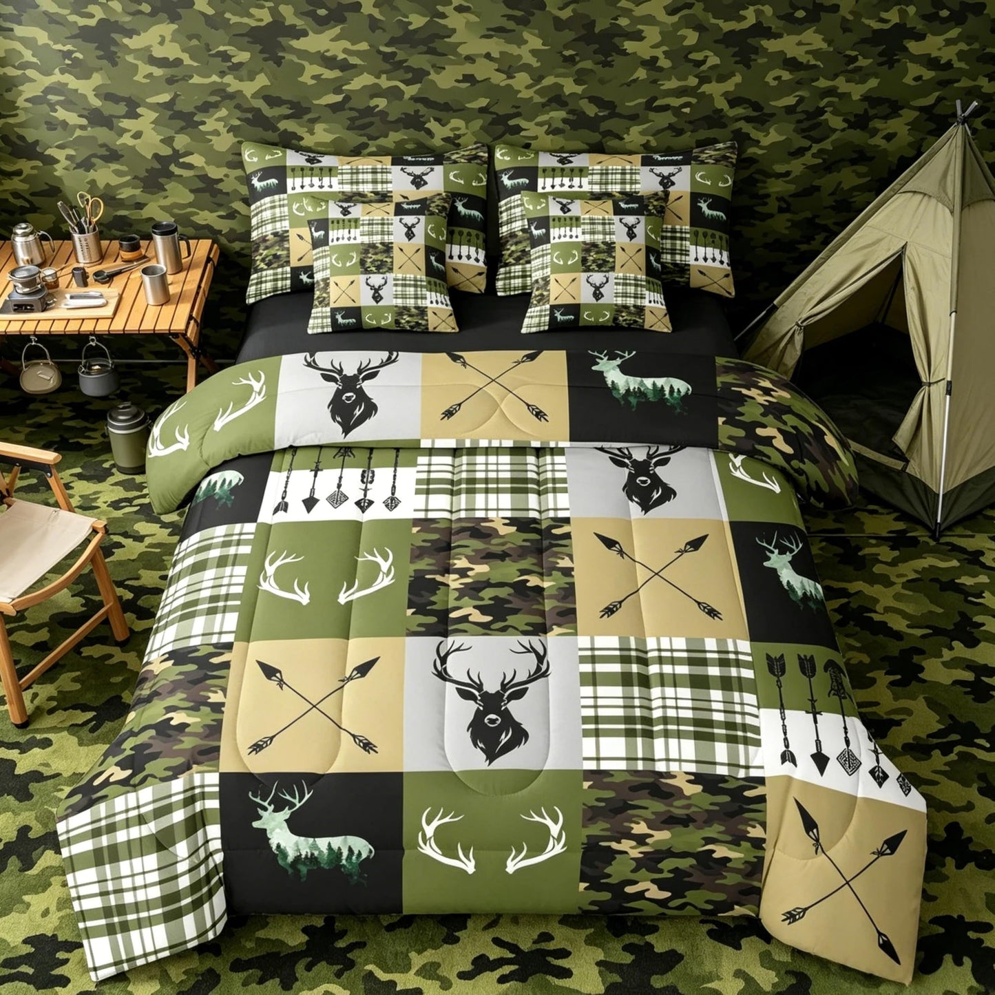 Feelyou Camo Comforter Set Twin Size 7 Pieces Deer Hunting Bedding Set for Kids Boys Girls Camouflage Bed in a Bag with Comforter, Sheets, Pillowcases, Cushion Covers Antlers Bedroom Decor Quilted
