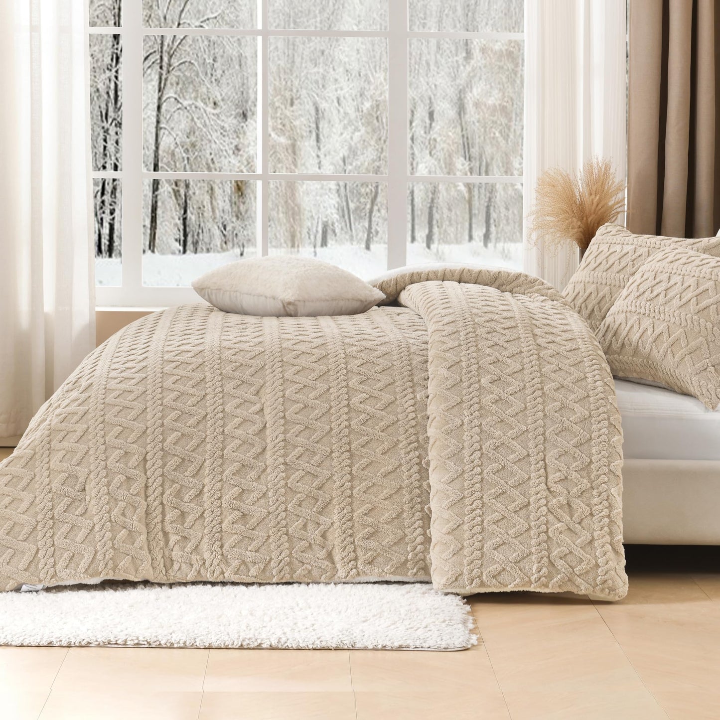 Andency Fluffy Sherpa Full Comforter Set, Super Soft Beige Fleece Warm Bedding for Winter, Luxury Jacquard Boho Thick Fuzzy Plush Bed Set 3 Pieces(1 Shaggy Comforter, 2 Pillowcases)