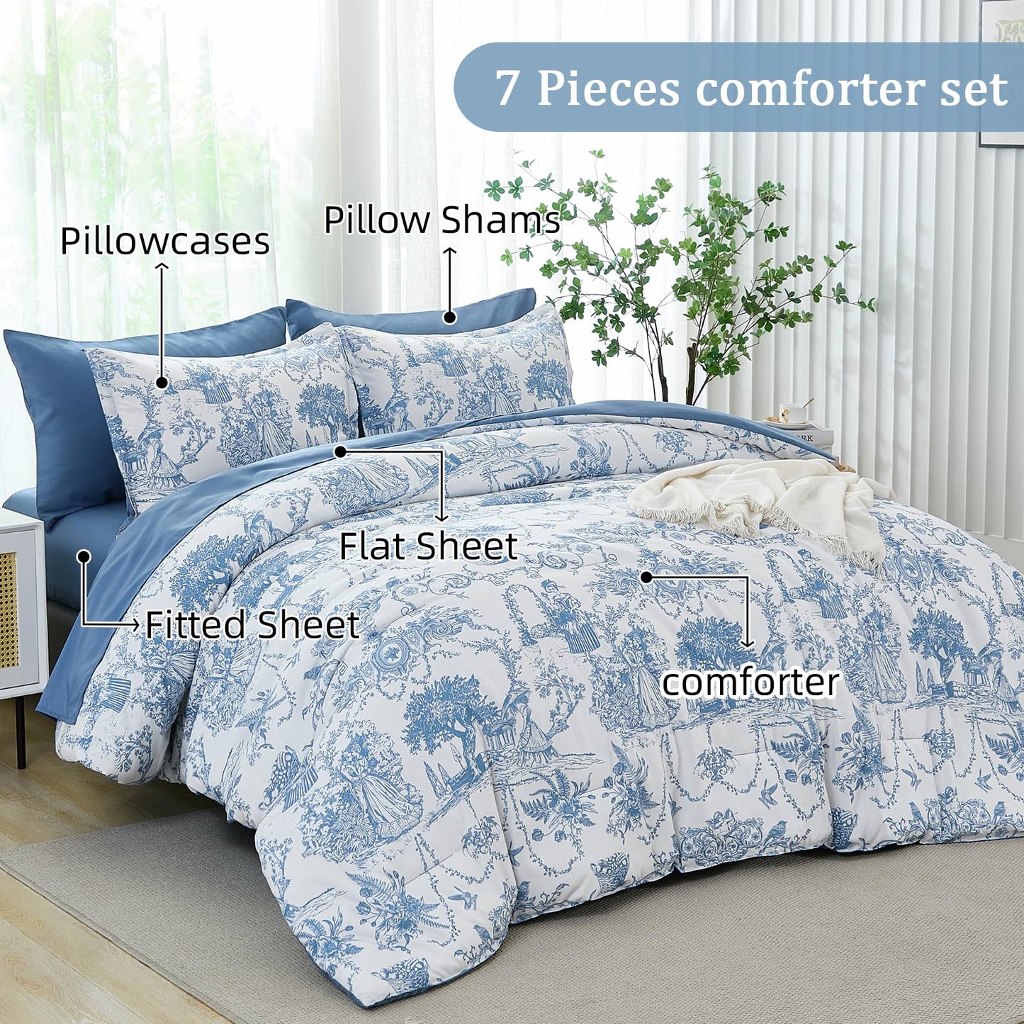 Blue Comforter Set Queen 7 Piece Bed in a Bag Toile de Jouy Botanical Comforter with Sheet Set Soft Micorfiber Bedding Set (1 Comforter,2 Pillow Shams,1 Flat Sheet,1 Fitted Sheet,2 Pillowcases)