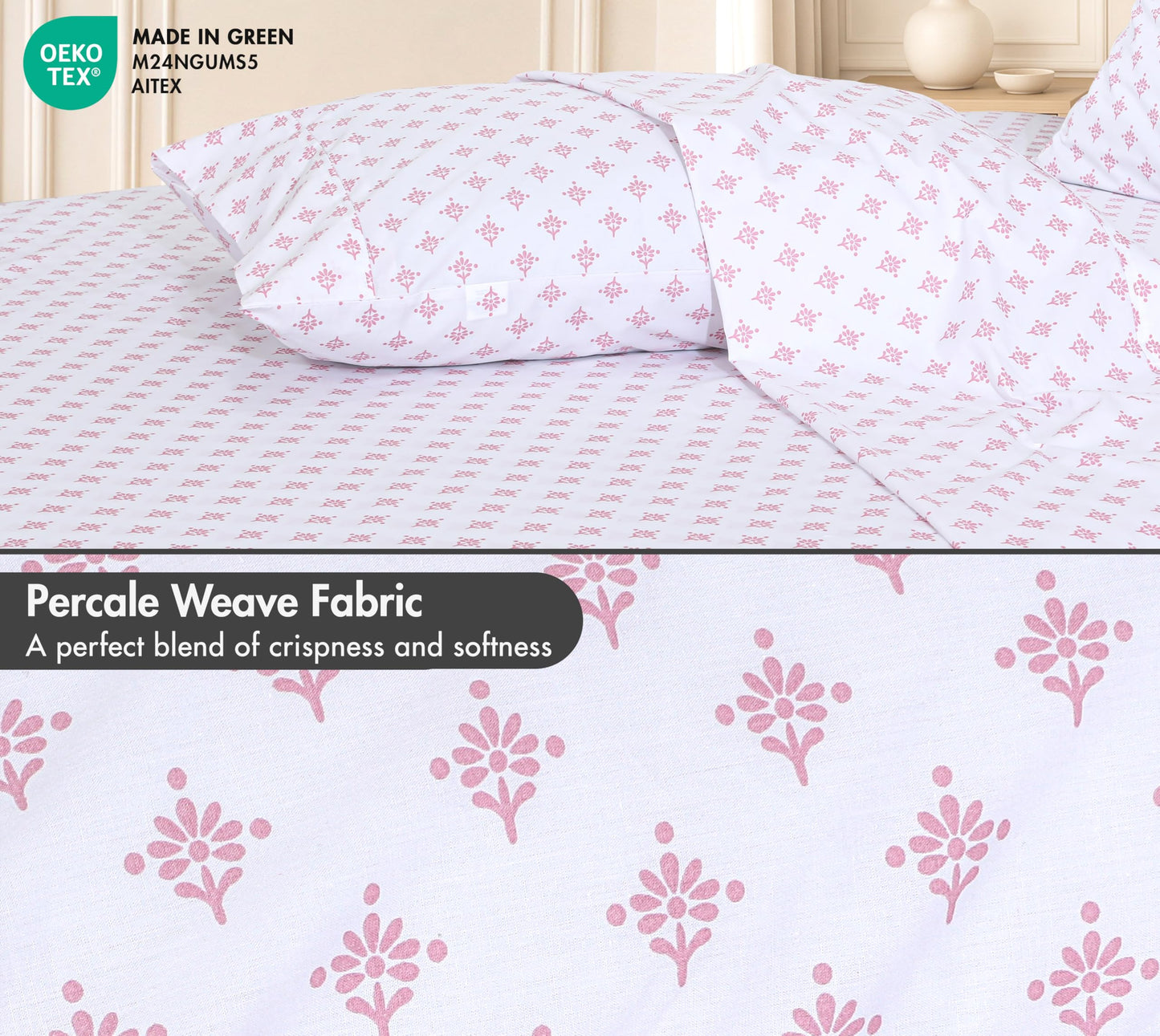 RUVANTI 100% Cotton Percale Sheets Queen Size, Block Print Motif