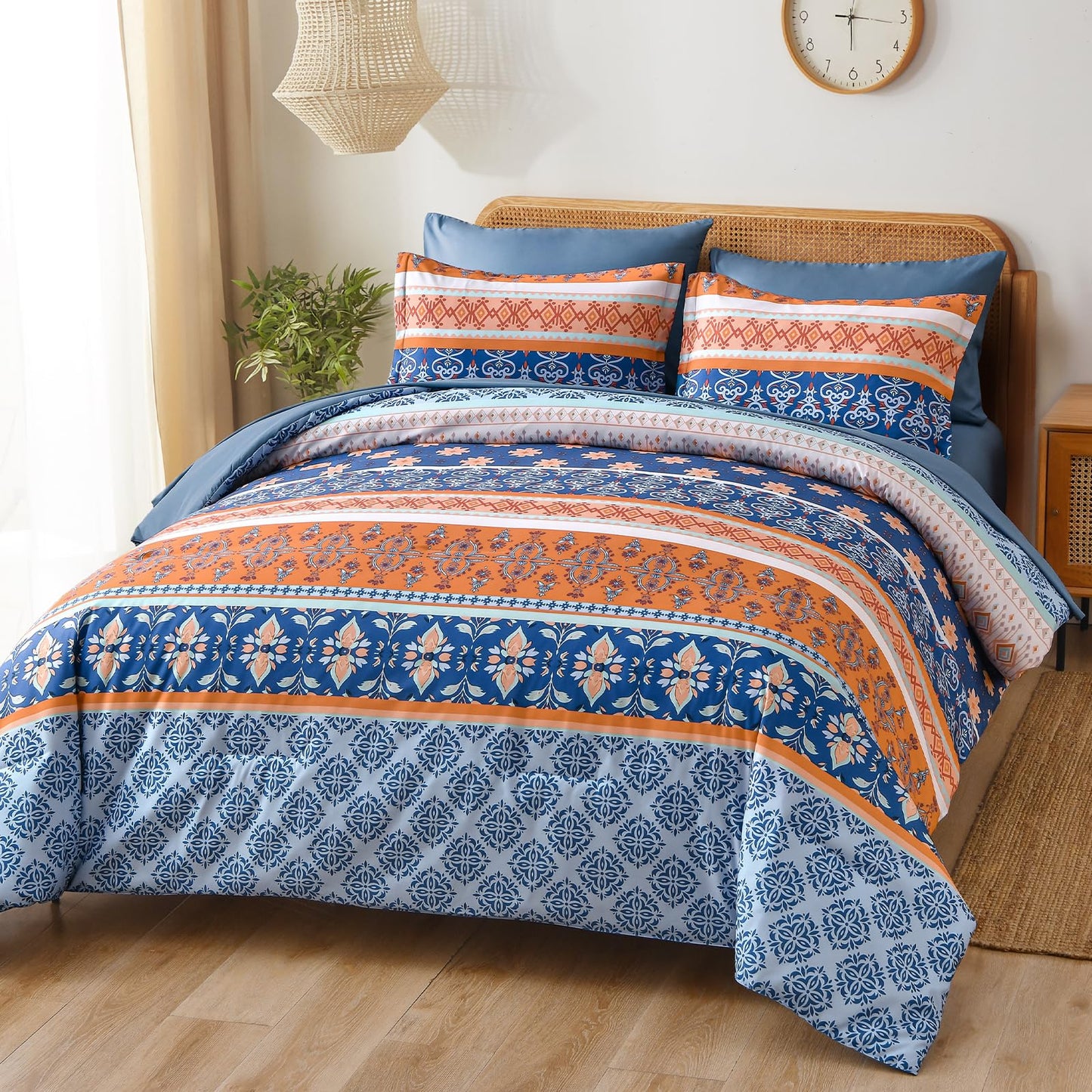 WONGS BEDDING Boho Comforter Set Queen, Blue and Orange Bedding Set 7 Pieces Bed in a Bag Bohemian Striped Bedding Comforter Sets Soft Microfiber Comfortet and Sheet Set for All Season