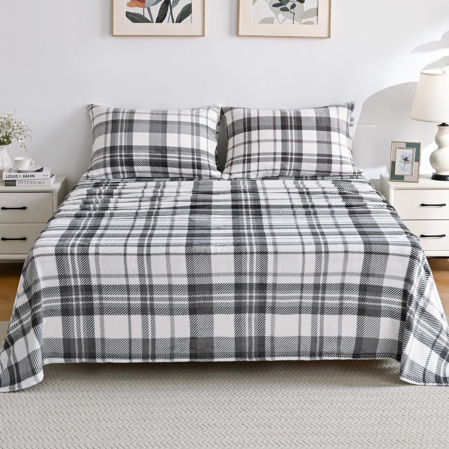 Viviland Plush Micro Polar Fleece Full Bed Sheet Set, Cozy Flannel-Like Velvet/Velour Fitted Sheets with 15" Deep Pocket, Fuzzy Warm Winter Double Sheets & Pillowcase Set, Gray and White Plaid