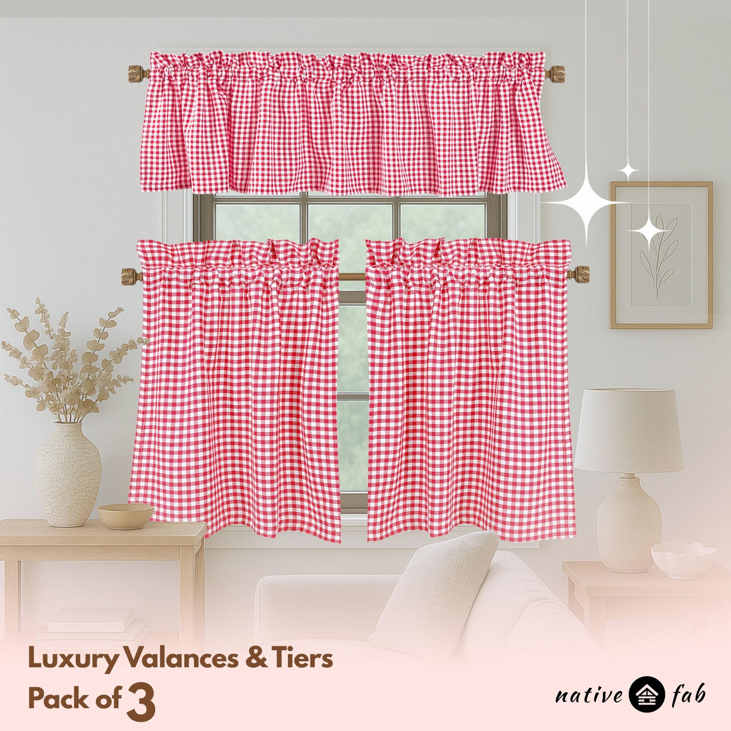 Native Fab Gingham Check 3 Pieces Window Curtain Tiers 26"x36" and Valance 54"x18" Set - Rod Pocket - Semi Sheer - Farmhouse Small Curtain for Kitchen, Bedroom, Living Room - Red and White