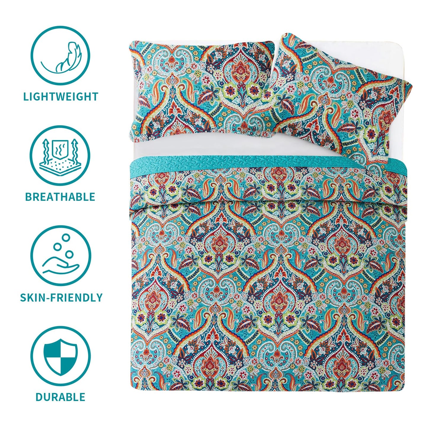BEDIFANY Cotton Queen Quilt Set - Lightweight Queen Size Quilts Bedding Set for a Comfortable Sleep - Reversible Bedspread Coverlet (90 * 98 in) with Boho Pattern, 3 Pieces