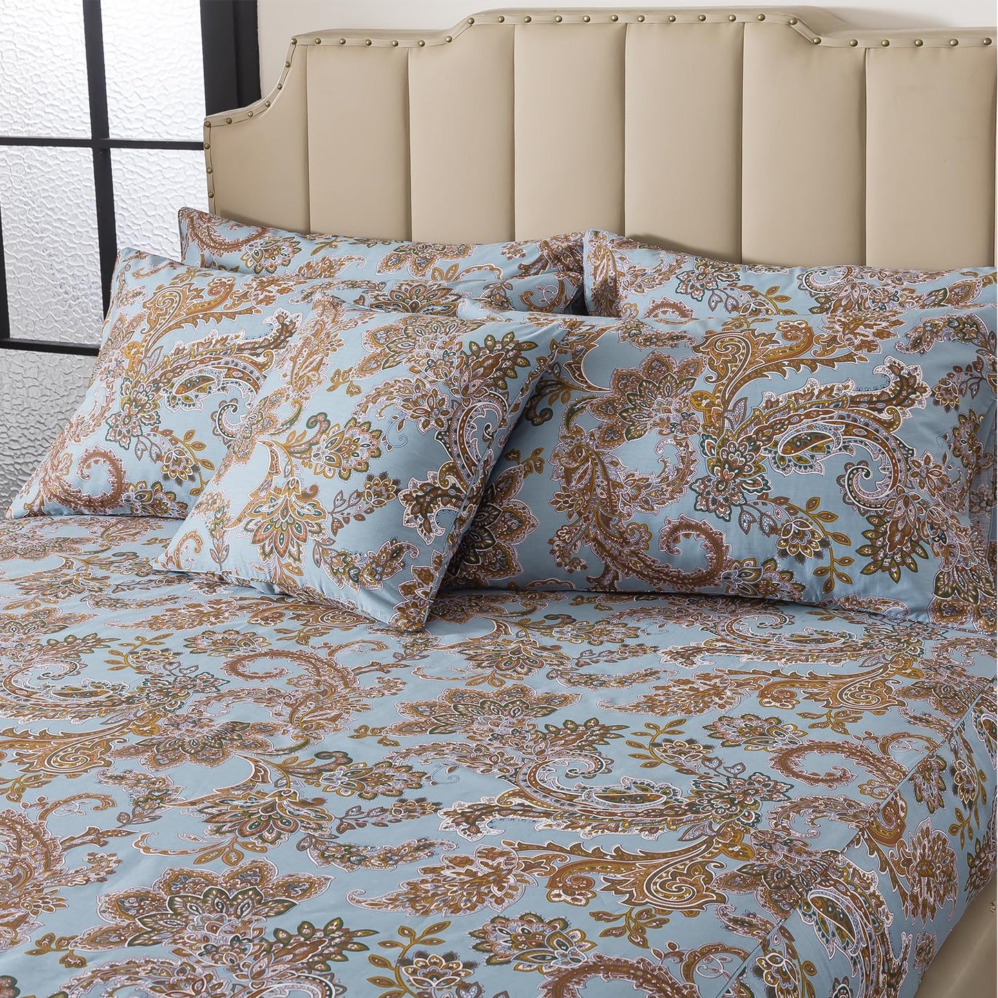 FADFAY Luxury Queen Percale Cotton Sheet Set – Elegant Vintage Blue Paisley Bedding, Ultra Soft & Breathable, Deep Pocket Fitted Sheet, Timeless French Country Heirloom Style, 4 Piece Set