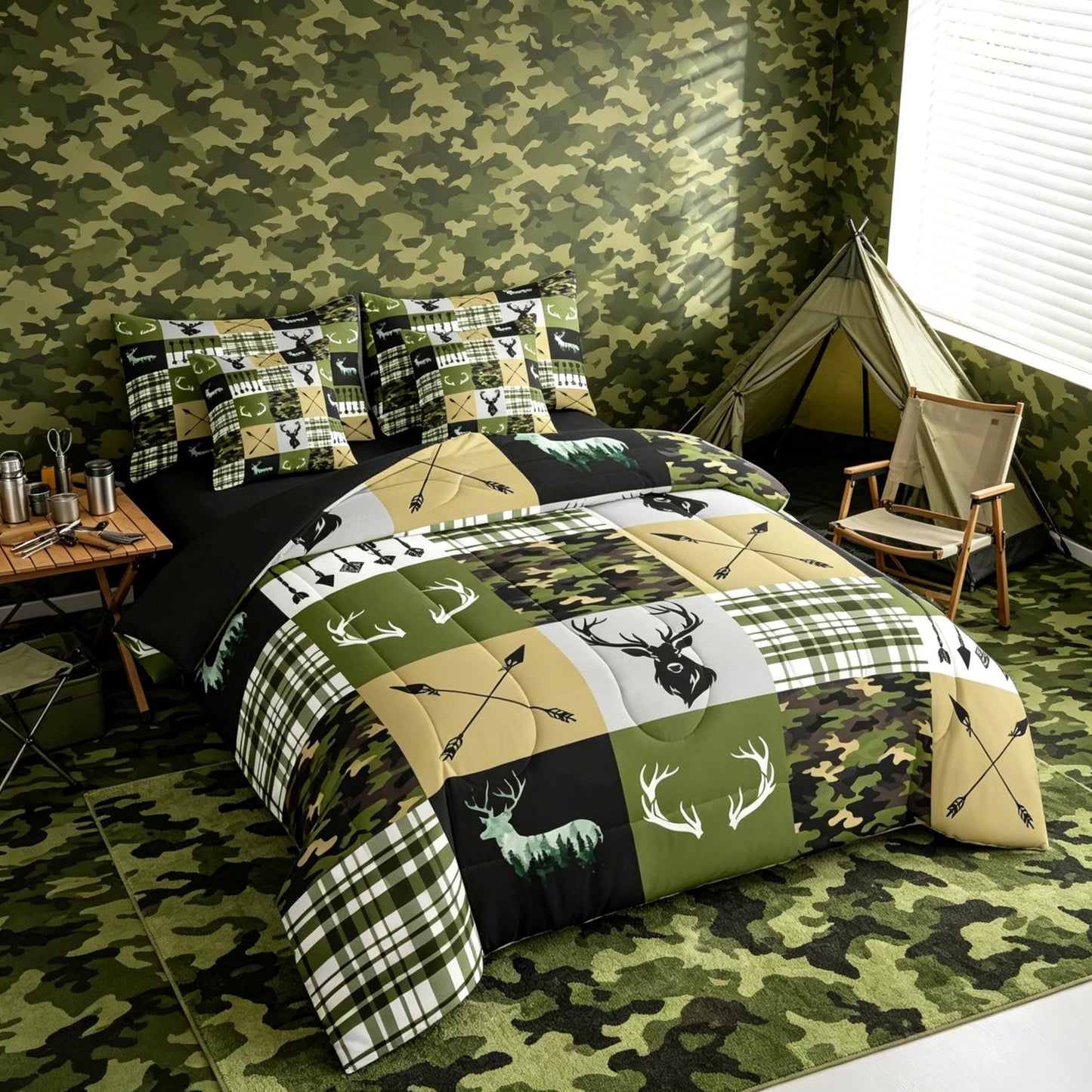 Feelyou Camo Comforter Set Twin Size 7 Pieces Deer Hunting Bedding Set for Kids Boys Girls Camouflage Bed in a Bag with Comforter, Sheets, Pillowcases, Cushion Covers Antlers Bedroom Decor Quilted