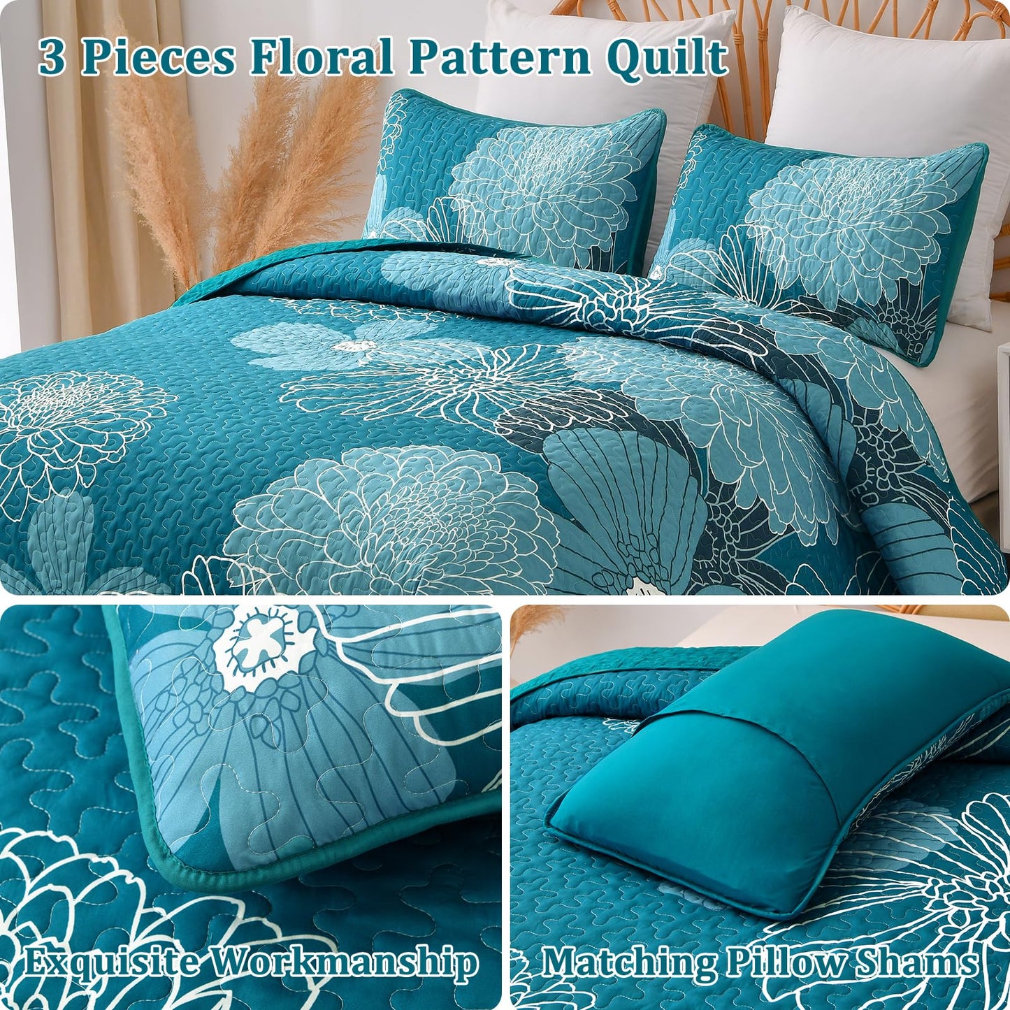 Queen Quilt Sets Teal Floral Pattern Quilt Bedding Set, 3 Pieces Botanical Quilt Bedspread Coverlet Set, Soft Microfiber Boho Flower Bed Coverlet Bedding Set for All Season(96" x 90)