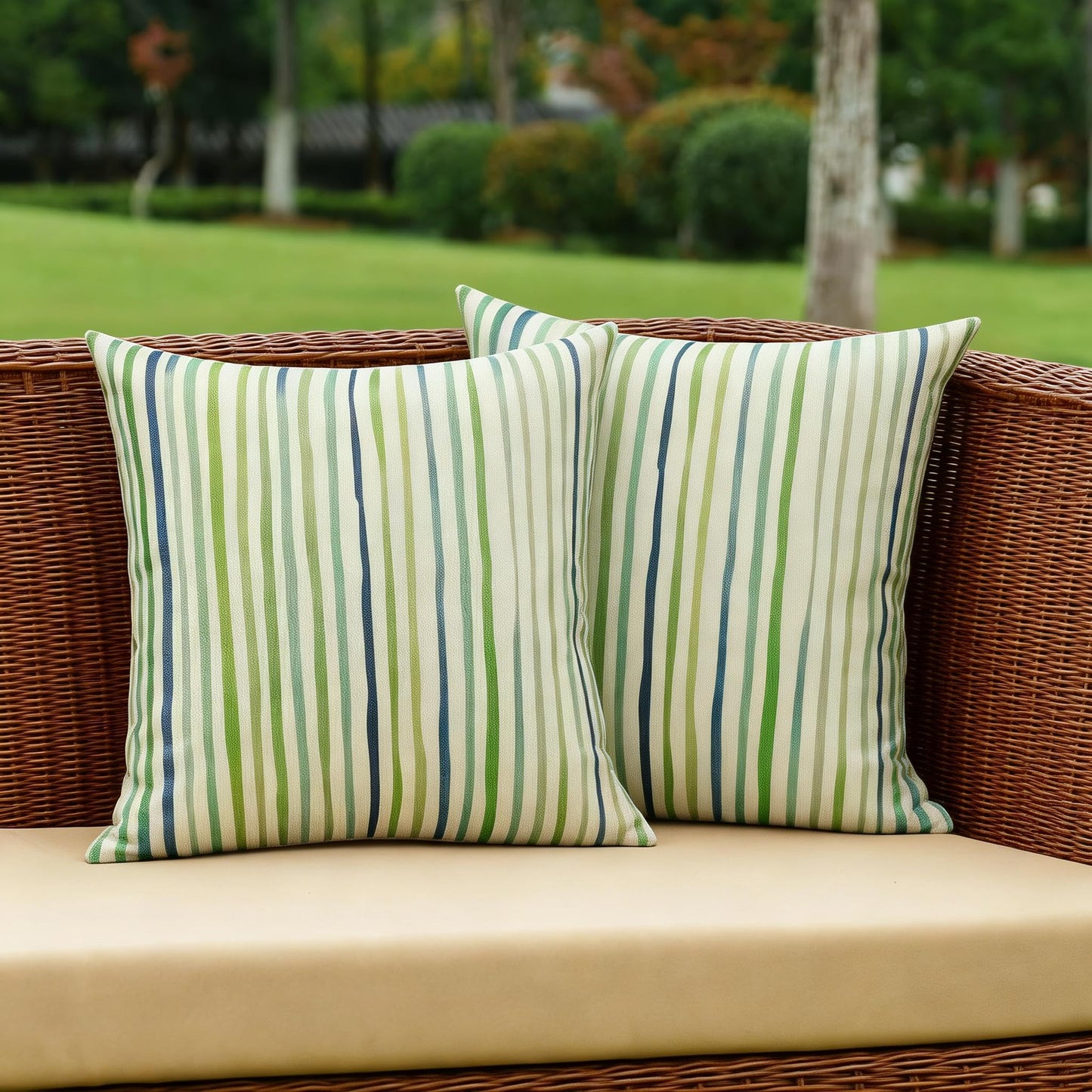 All Smiles Spring Outdoor Waterproof Throw Pillow Covers 18x18 Set of 2 Green Sunbrella Decorative Cushion Cases Porch Decor for Patio Bench Garden Furnitures Couch Sofa,Sage Green Lines Stripes