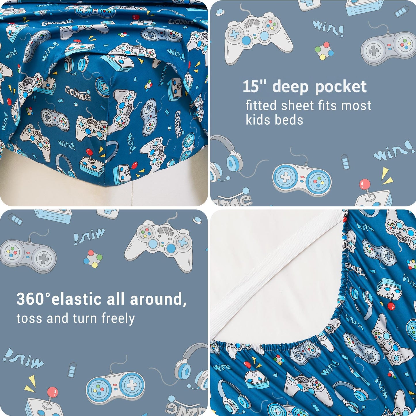 Softan Kids Bed Sheet Set, 4-Piece Full Size Sheets, Microfiber Fitted Sheet with 15 Inches Deep Pocket and Corner Straps, Breathable & Silky Soft Game Controller Printed Sheet and Pillowcase Sets