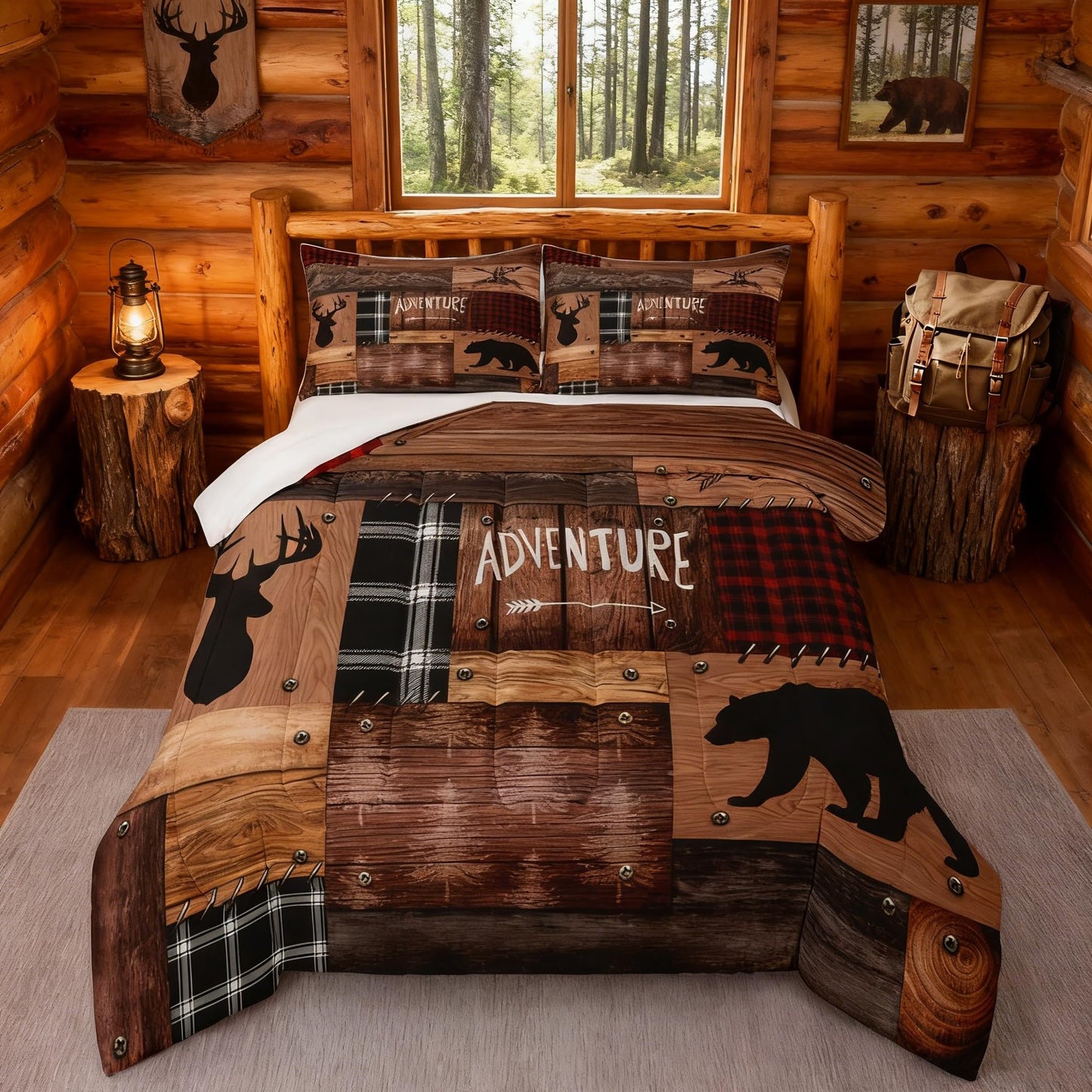 Rustic Cabin Comforter Set Twin Size,Farmhouse Bedding Set Kids Boys Girls Brown Cabin Decor,Hunting Animals Bedspread Bear Deer WildlifeDuvet Insert Patchwork Red Black Plaid Lodge Quilt Set 2pcs