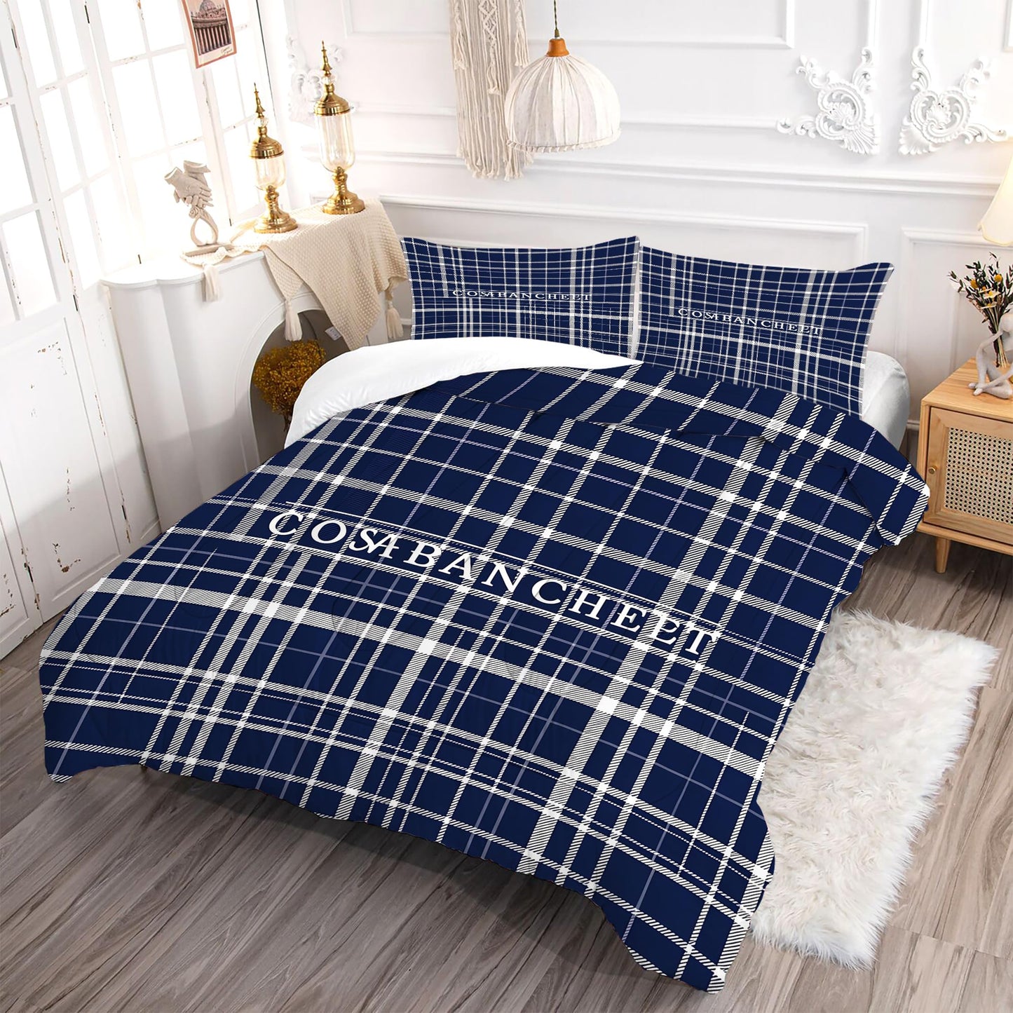 VTKON Navy Blue Plaid Comforter Set for Boys Full Size, Classic Preppy Check Bedding Set for Boys Teens, Timeless Navy and White Bed Sets for Dorm with 2 Pillowcases