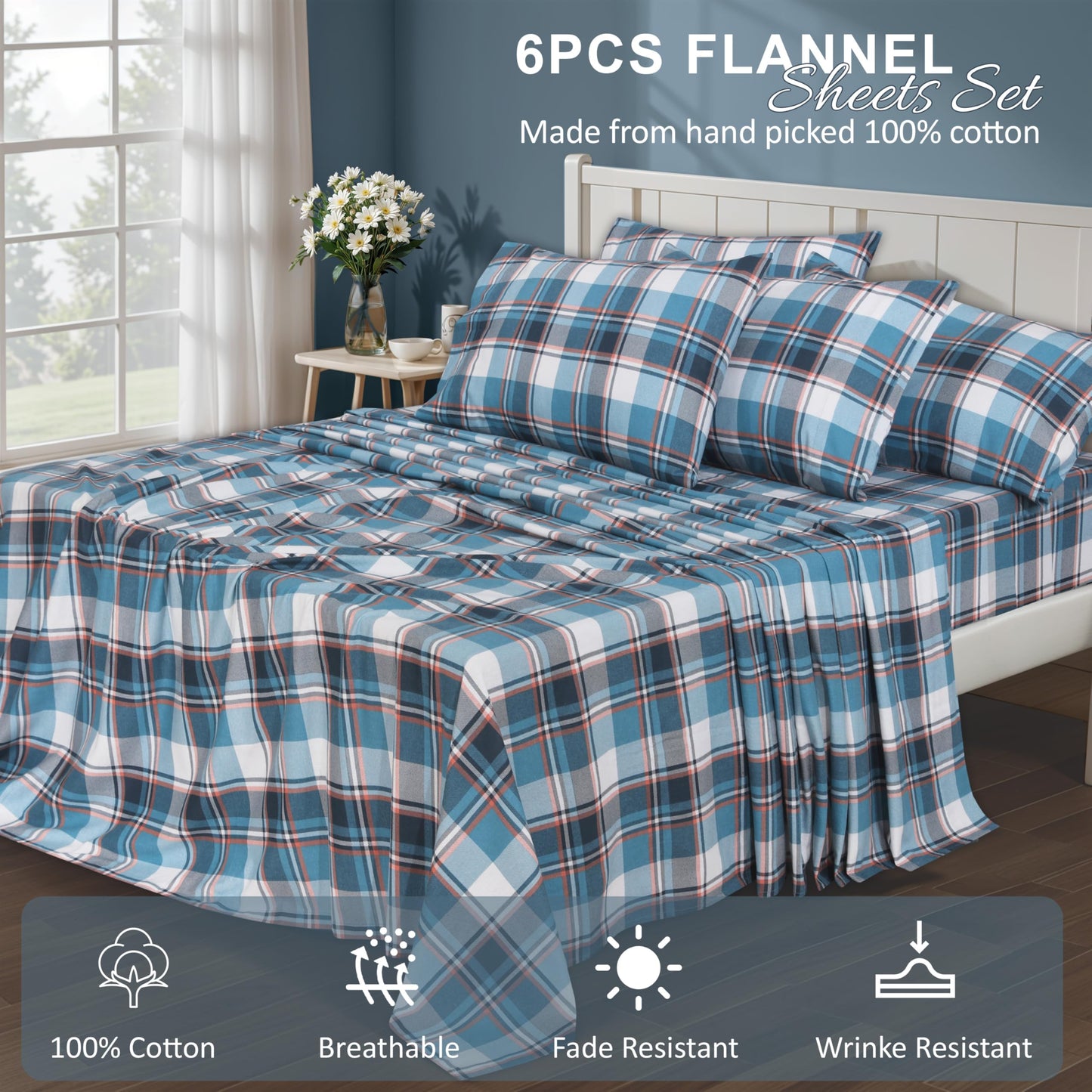RUVANTI Flannel Sheets Queen Size 4 Pcs - 100% Cotton Double Brushed Bed Sheets, Deep Pockets 16 Inches Queen Sheet Set, All Seasons Breathable, Extra Soft & Comfy, Dynasty