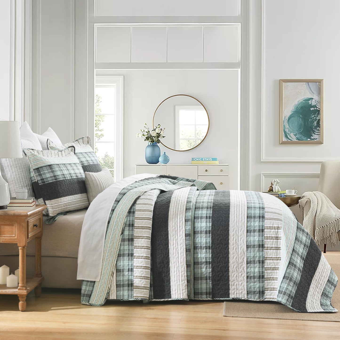 Homzard 100% Cotton Quilts Queen Size，Teal Black Beige Queen Quilt Bedding Set,Farmhouse Plaid Striped Bedspread Set,Lightweight Breathable Comforter Reversible Coverlet All Season 3 Pieces