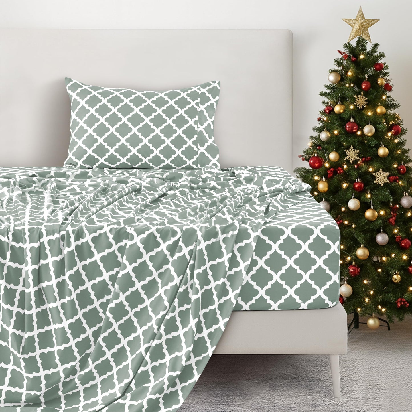 LUX Décor Quatrefoil Twin Sheet Set - 3 Piece Ultra-Soft Microfiber Bed Sheets with Flat Sheet, 16 Inches Deep Pocket Fitted Sheet & Pillowcases, Breathable, Bedroom Decor, Oeko-TEX - Grey White