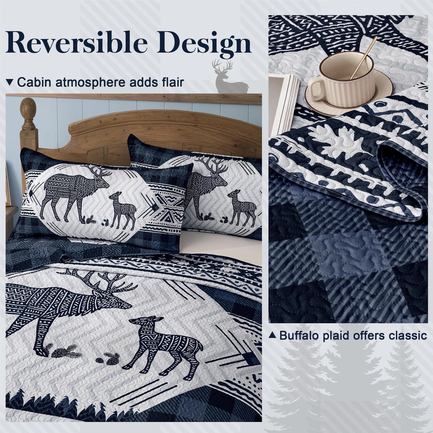 3 Piece Cabin Full/Queen Quilt Sets Farmhouse Rustic Reversible Microfiber Soft Lightweight Bedspread Comforter with 2 Shams Patchwork Country Lodge Bedding Quilts Set for All Season, 90''x96'', Blue