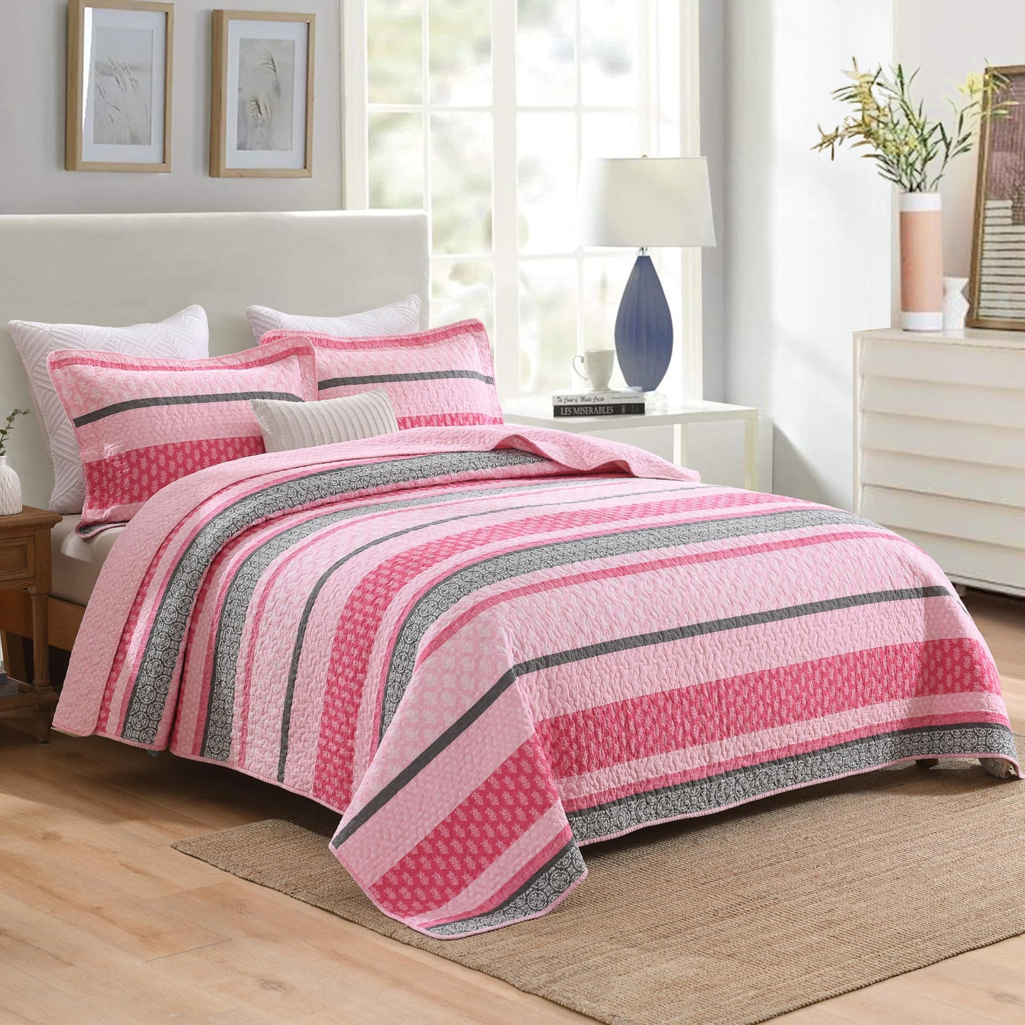 Homzard King Size Comforter Set, Cotton Quilt, Hot Pink Grey Bedding Set,Lightweight Striped Bedspread, Reversible Coverlet King Size (106"X98") with 2 Pillow Shams All Season