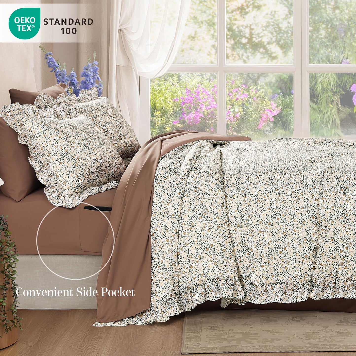 BLOOMHAVEN Queen Comforter Set - 7 Pieces Ruffle Beige Ditzy Bedding Sets, Shabby Chic Farmhouse Bed in a Bag Queen with Floral Comforter,Sheets, Pillowcases & Shams