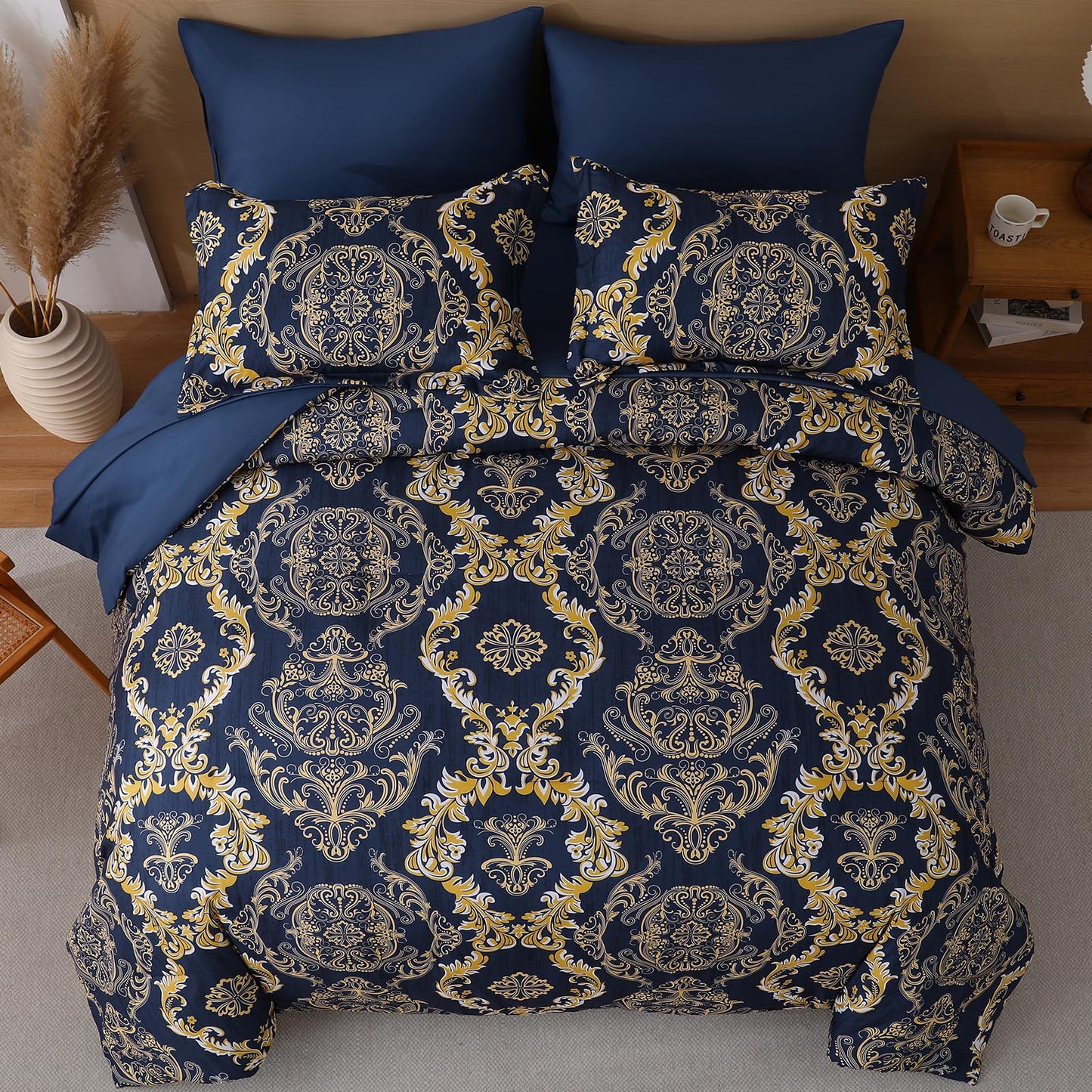 WONGS BEDDING Blue Gold Comforter Set Queen Size,Damask Texture 7 Pieces Bed in a Bag Microfiber Comforter Bedding Sets -1 Comforter, 1 Flat Sheet, 1 Fitted Sheet, 2 Pillow Shams, 2 Pillowcases