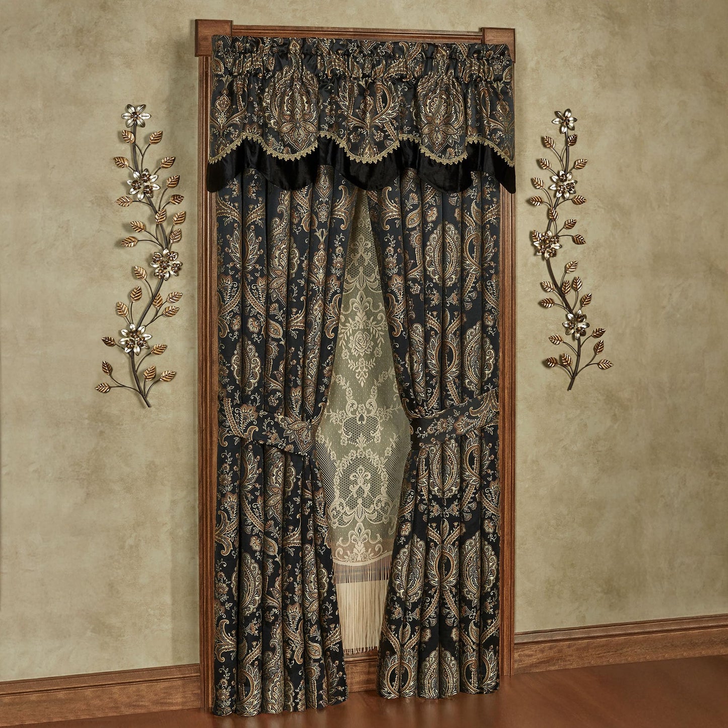 Bellevue Traditional Luxury Window Treatments | Elegant Tapestry-Style Woven Medallions and Florals | Neutral, Black, & Metallic Gold | Lined Drapery Set Includes Scalloped Valance & 95L Curtain Pair