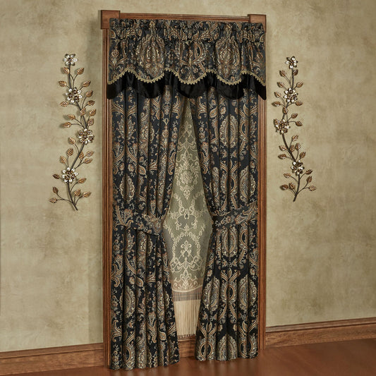 Bellevue Traditional Luxury Window Treatments | Elegant Tapestry-Style Woven Medallions and Florals | Neutral, Black, & Metallic Gold | Lined Drapery Set Includes Scalloped Valance & 95L Curtain Pair