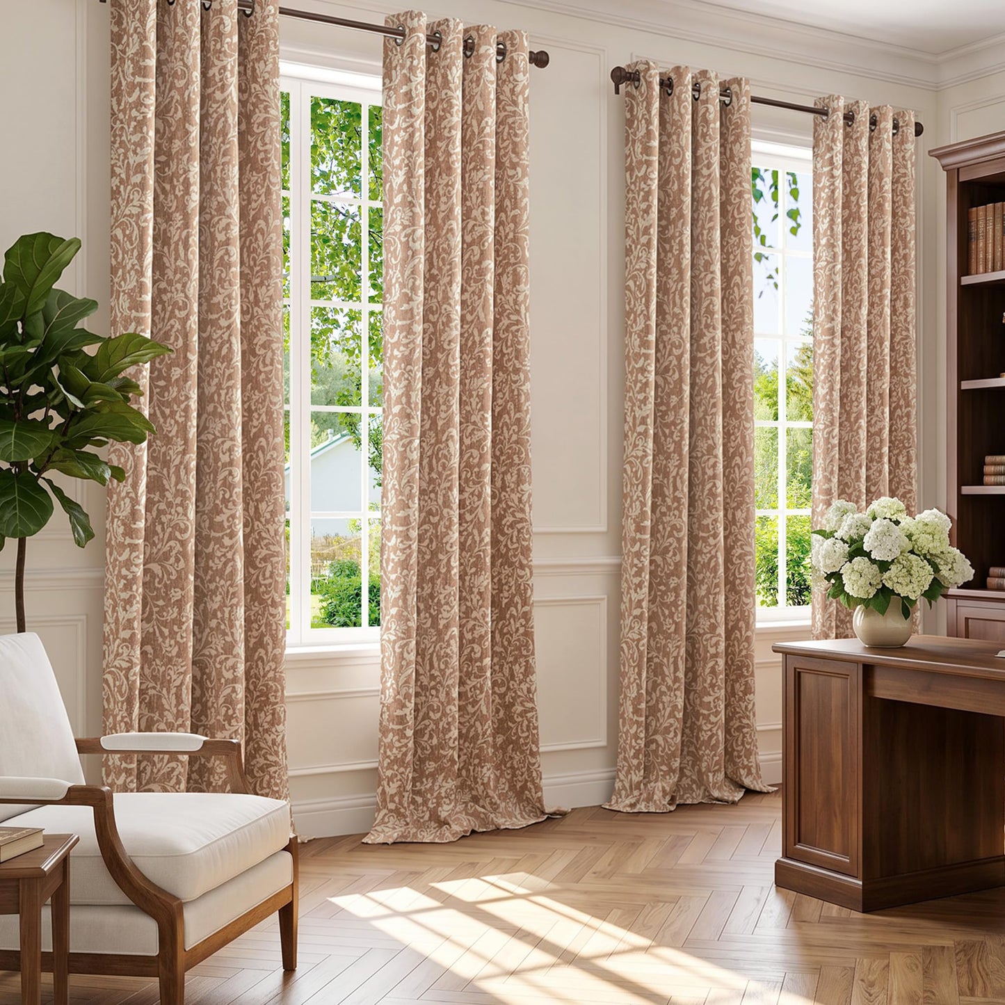 jinchan Vintage Curtains 96 Inch Long Cream Scroll Floral Warm Taupe Curtians for Living Room Bedroom Room Darkenign Drapes Thermal Insulated Classic Traditional Privacy Grommet Top 2 Panels