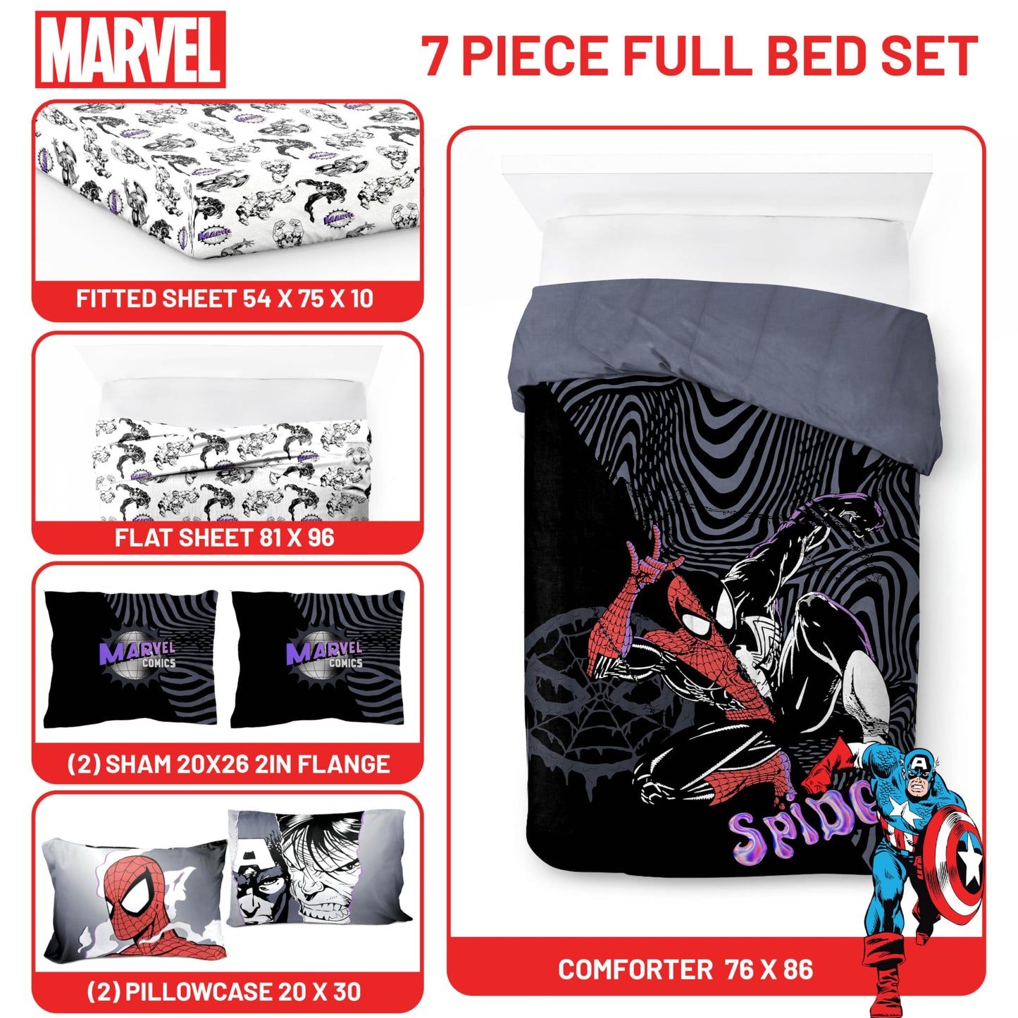 Jay Franco Kids Comforter Set Includes Sheets and Pillow Covers - Soft and Cozy Bed Set for Stylish Room Decor, Black - Marvel Comics, 7 Piece Full Size Bedding