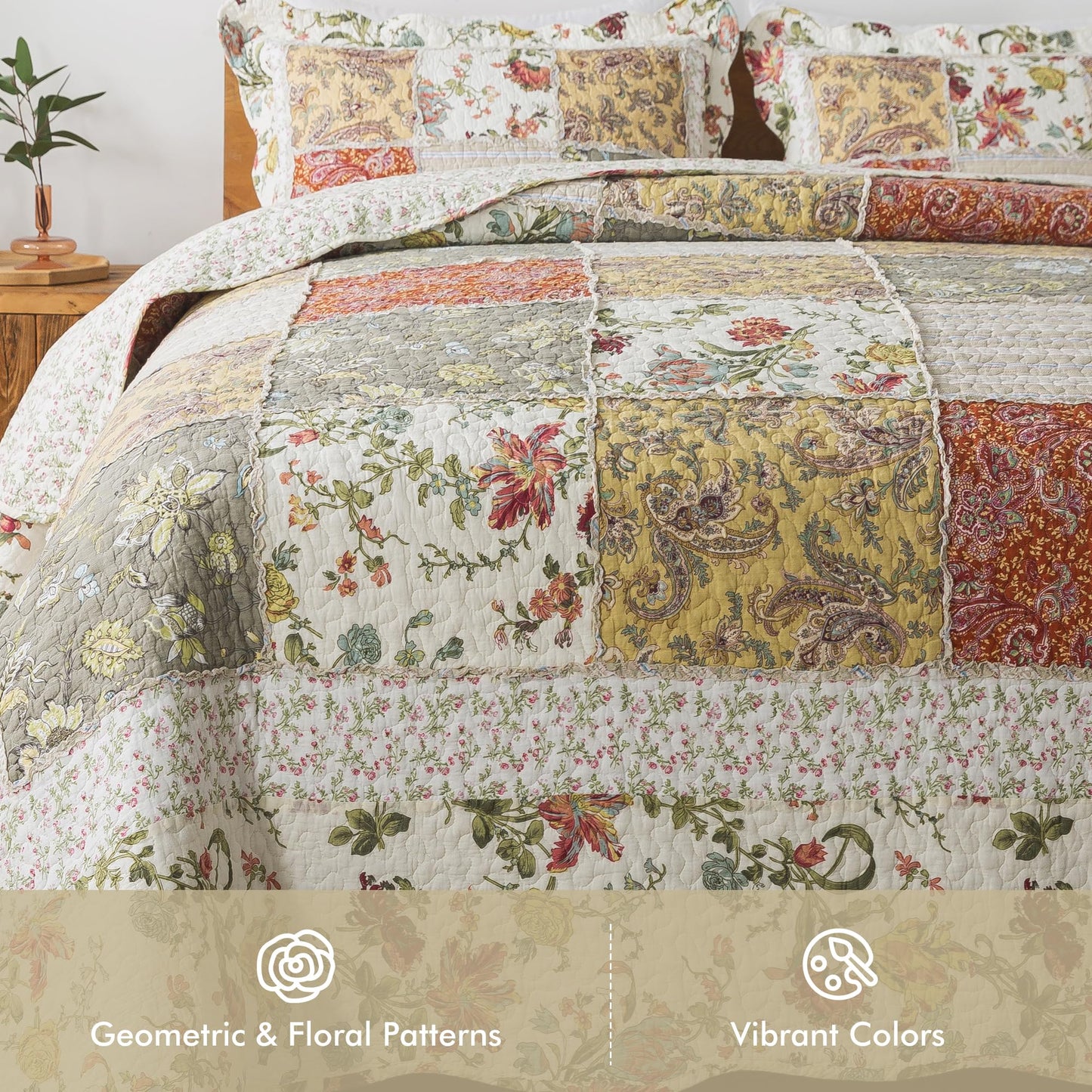 Etwel Patchwork Quilt Set Queen Size, 100% Cotton Bedspread, Reversible Lightweight Comforter Set with 2 Pillow Shams for All Seasons, Floragrid Beige, Queen Size 90"x90"