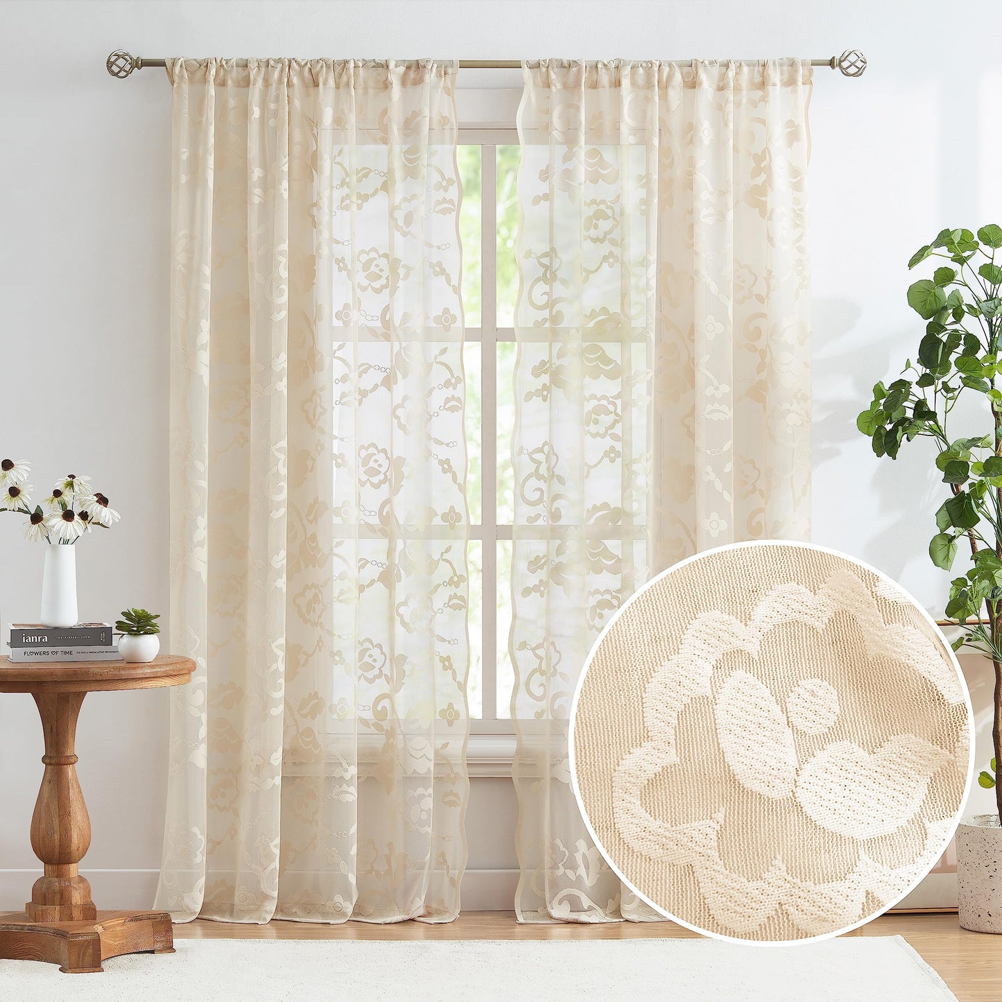 Jubilantex Beige Floral Lace Sheer Curtains with Decorative Scalloped Edge 84 Inches Long for Bedroom Living Room Girl's Room,Set of 2 Panels,52" W