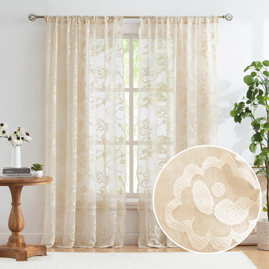 Jubilantex Beige Floral Lace Sheer Curtains with Decorative Scalloped Edge 84 Inches Long for Bedroom Living Room Girl's Room,Set of 2 Panels,52" W