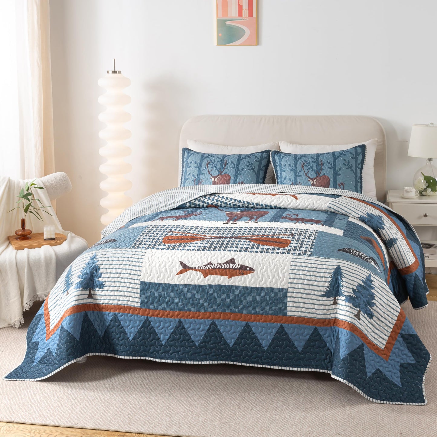 Soul & Lane True North Fish Quilt Set - Queen Size with 2 Shams, Rustic Cabin Bedding with Wildlife and Outdoor Nature Theme, Lodge Quilted Bedspread with Moose and Duck for Lake House & Hunting Decor