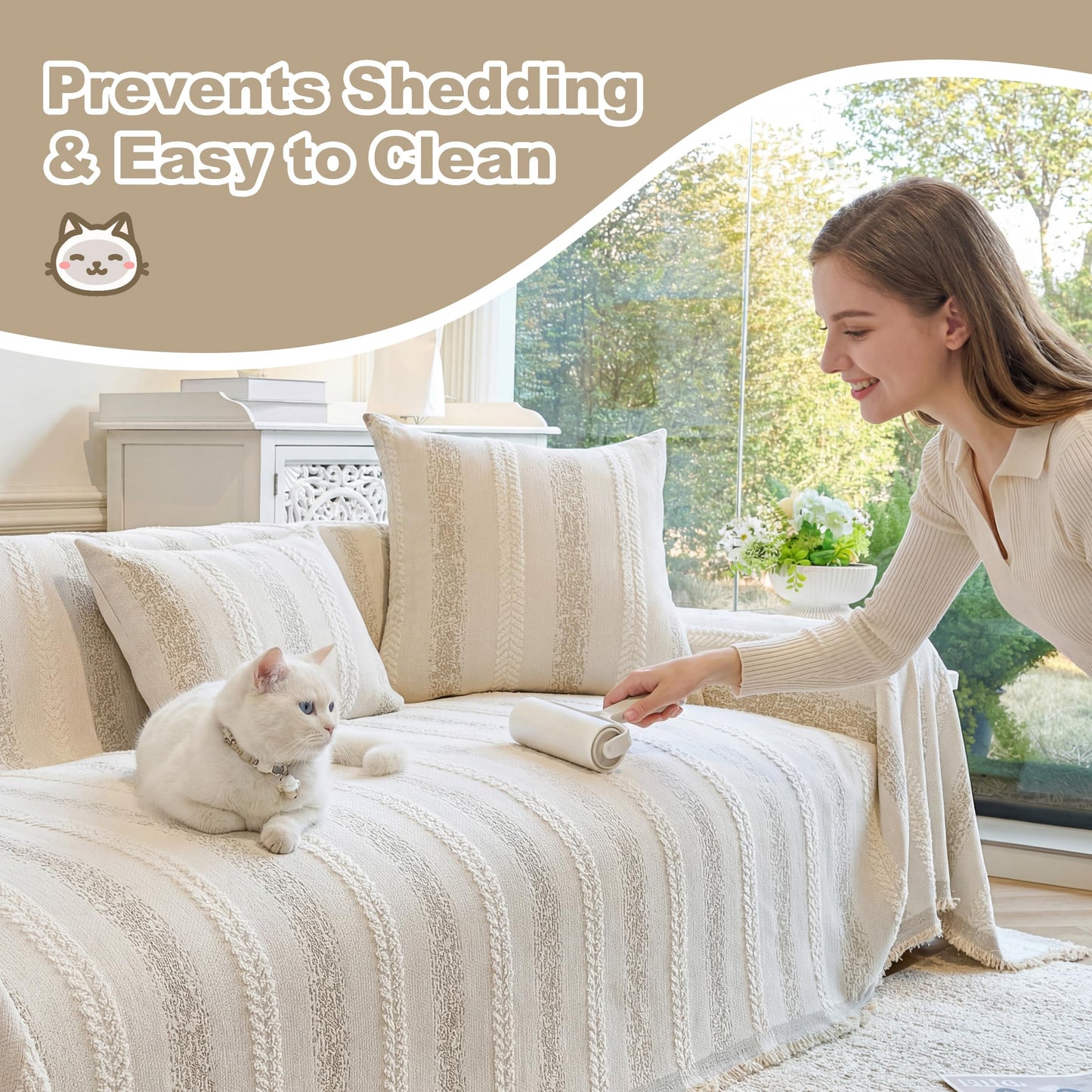 Fuyulacom Couch Cover for Dogs Washable Sofa Cover, Sectional Couch Covers, Sofa Covers for 2 Cushion Couch, Non Slip Stripe Sofa Slipcovers Furniture Protector (Beige, 71x118)
