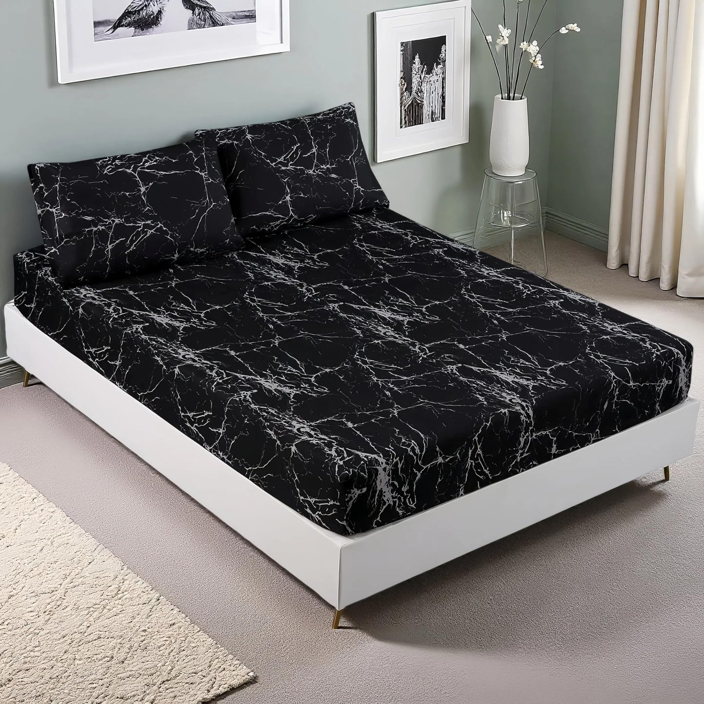 MAG 3PCS Black Marble Fitted Sheet Queen,Soft Microfiber Bed Sheets Included 1 Fitted and 2 Pillowcases,14 Inches Deep (Queen, Black)