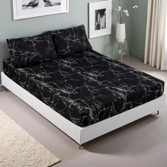 MAG 3PCS Black Marble Fitted Sheet Queen,Soft Microfiber Bed Sheets Included 1 Fitted and 2 Pillowcases,14 Inches Deep (Queen, Black)