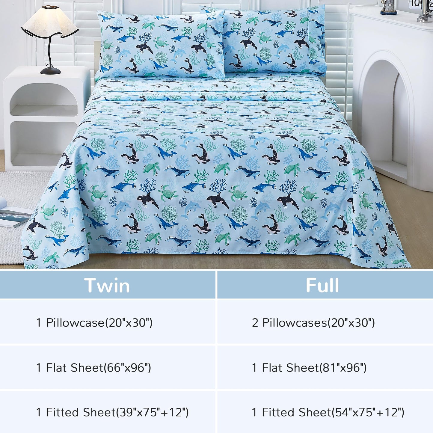 Viviland 3 Pieces Boys Blue Ocean Twin Sheet Set - Soft Microfiber Fitted Flat Sheets & Pillowcase - Blue Ocean Whales, Sea Turtles, Marine Organisms Bedding Sets - for Kids & Toddlers
