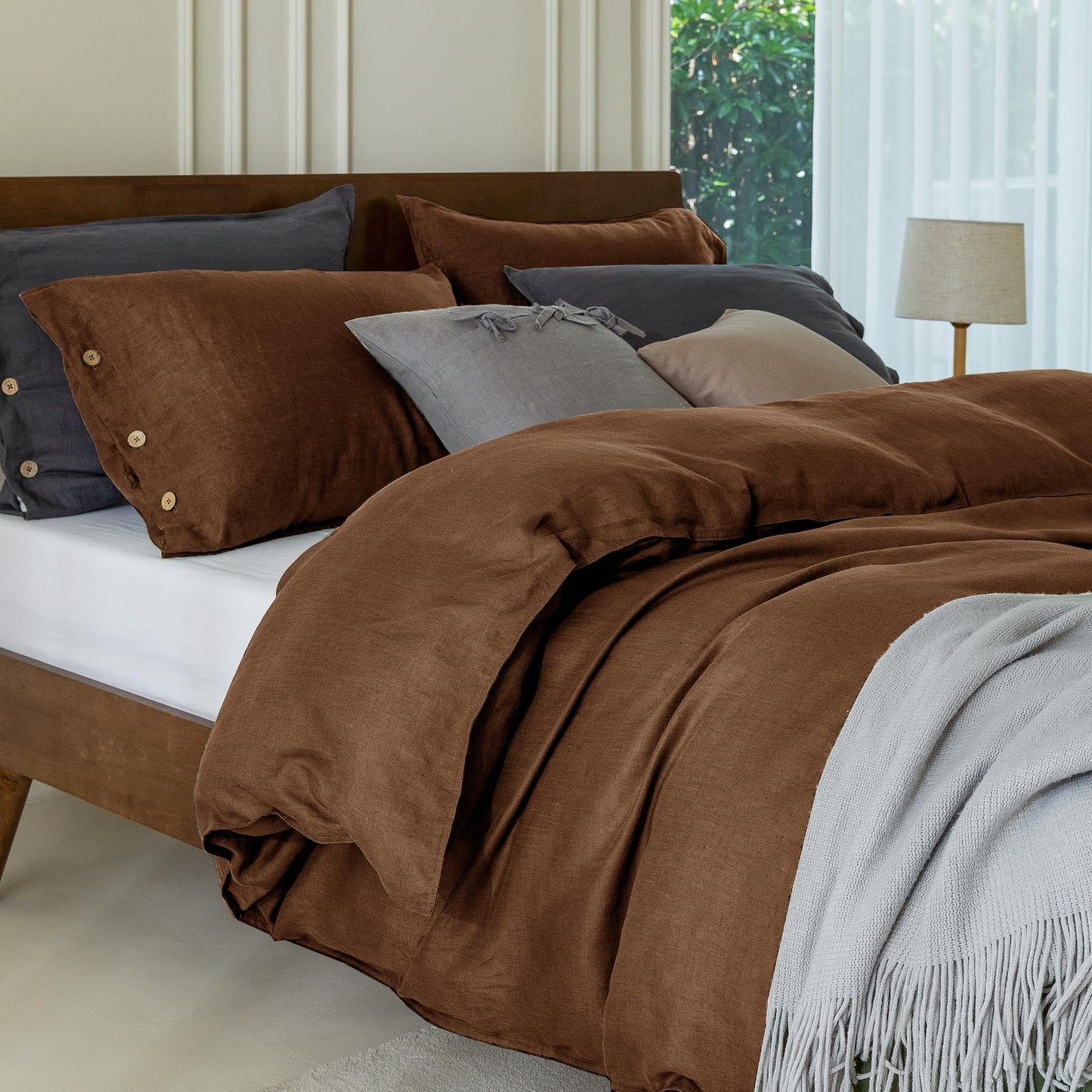 EVERLY 100% Pure Linen Duvet Cover Set Queen Size 90X90Inch 3pcs (1 Duvet Cover,2 Pillowcases) Soft and Breathable for All Season with Coconut Button Closure, Suitable for Hot Sleepers-Chocolate