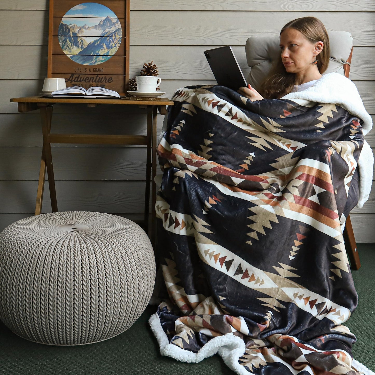 Paseo Road Indigo Hill by HiEnd Accents Yosemite Aztec 3 Piece Sherpa Throw Blanket Set, Tribal Navajo Print Fleece Throw Set, Western Southwestern Style, 1 Throw and 2 Pillows