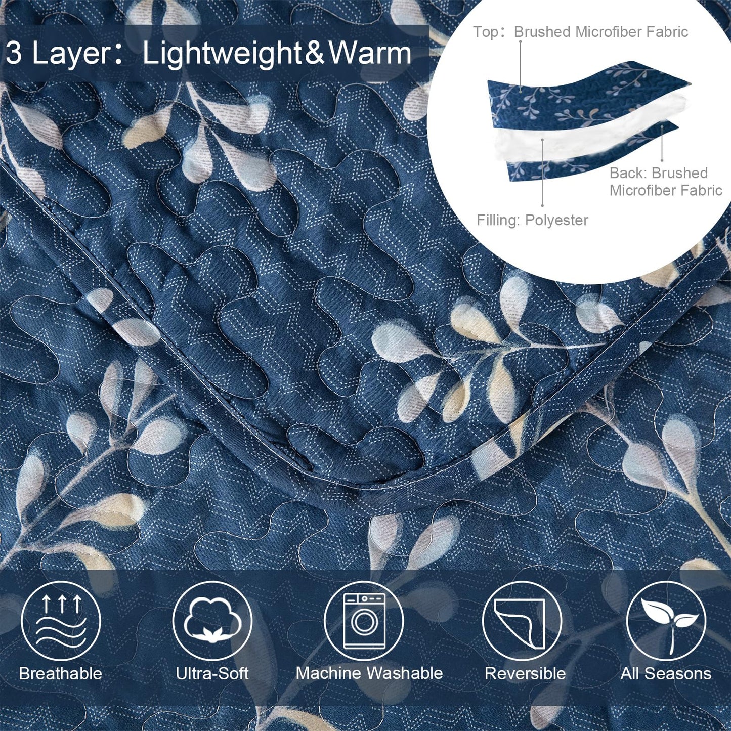 Exclusivo Mezcla Reversible Boho Quilts Queen Size, Navy Soft Bedspreads Lightweight Coverlet All Season Flowers Quilt Bedding Set with Printed Floral Pattern (1 Quilt, 2 Pillow Shams)